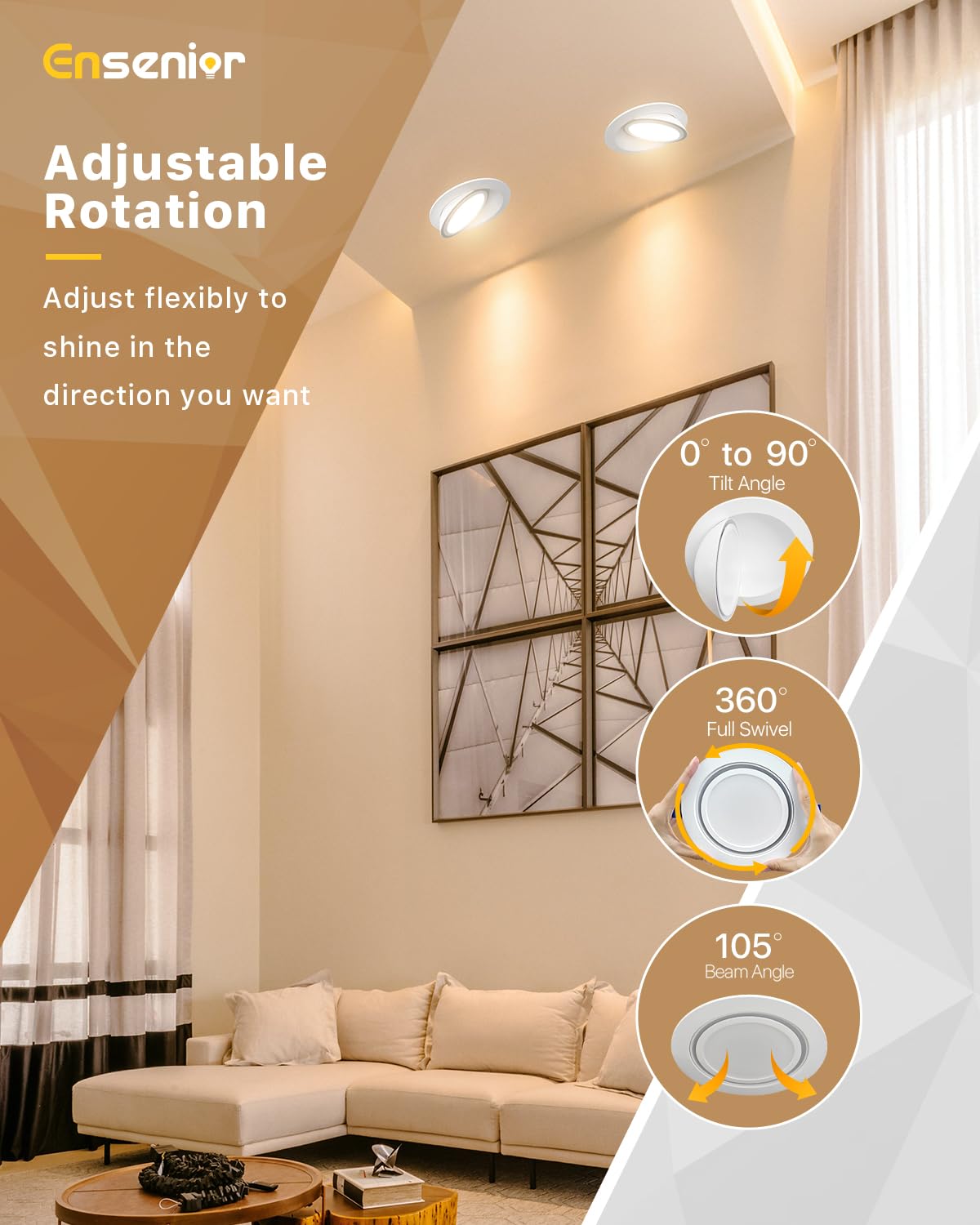 Ensenior 4 Pack 6 inch Gimbal Led Recessed Lighting with Night Light, 90° Rotatable and 2700K-5000K 5CCT Selectable, Dimmable Eyeball Recessed Lights, 1200LM, 12W=115W-FCC Certified