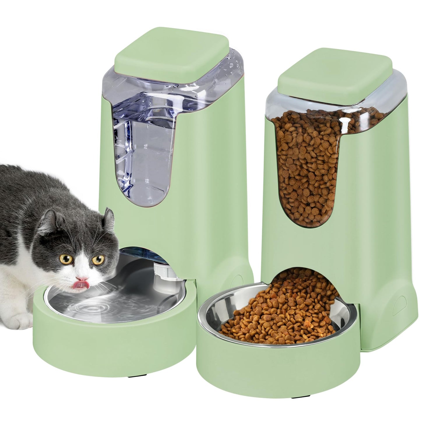 2 Pack Automatic Cat Feeder and Stainless Steel Water Dispenser, Gravity Dog Waterer Set Food Feeder and Waterer Set for Small Medium Kitten Puppy Pets(1 Gallon x 2, Charcoal Gray)