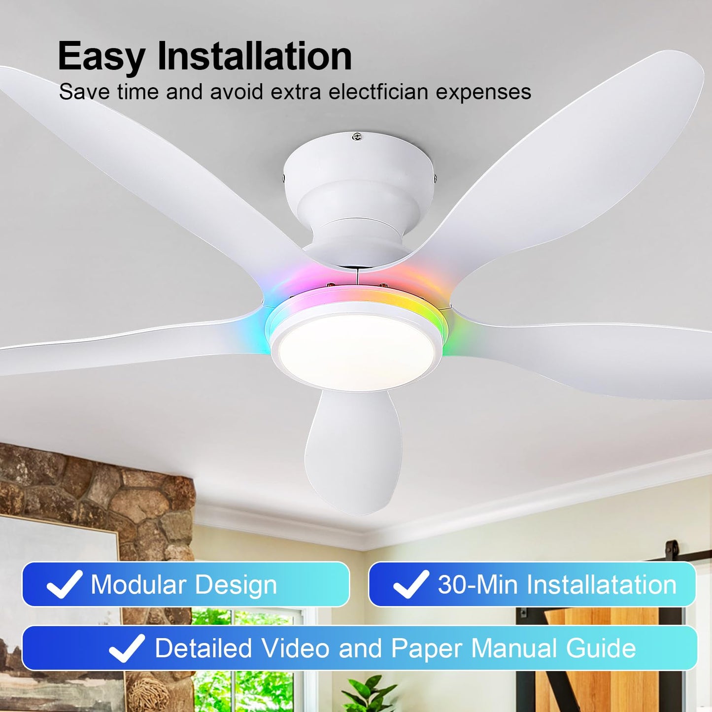 Ceiling Fans with Lights, 51 inch Modern Black Low Profile Ceiling Fan with Light and Remote App Control, Flush Mount, Quiet DC Reversible, Dim Led Ceiling Fan 6 Blade Softer Wind Indoor/Outdoor Patio