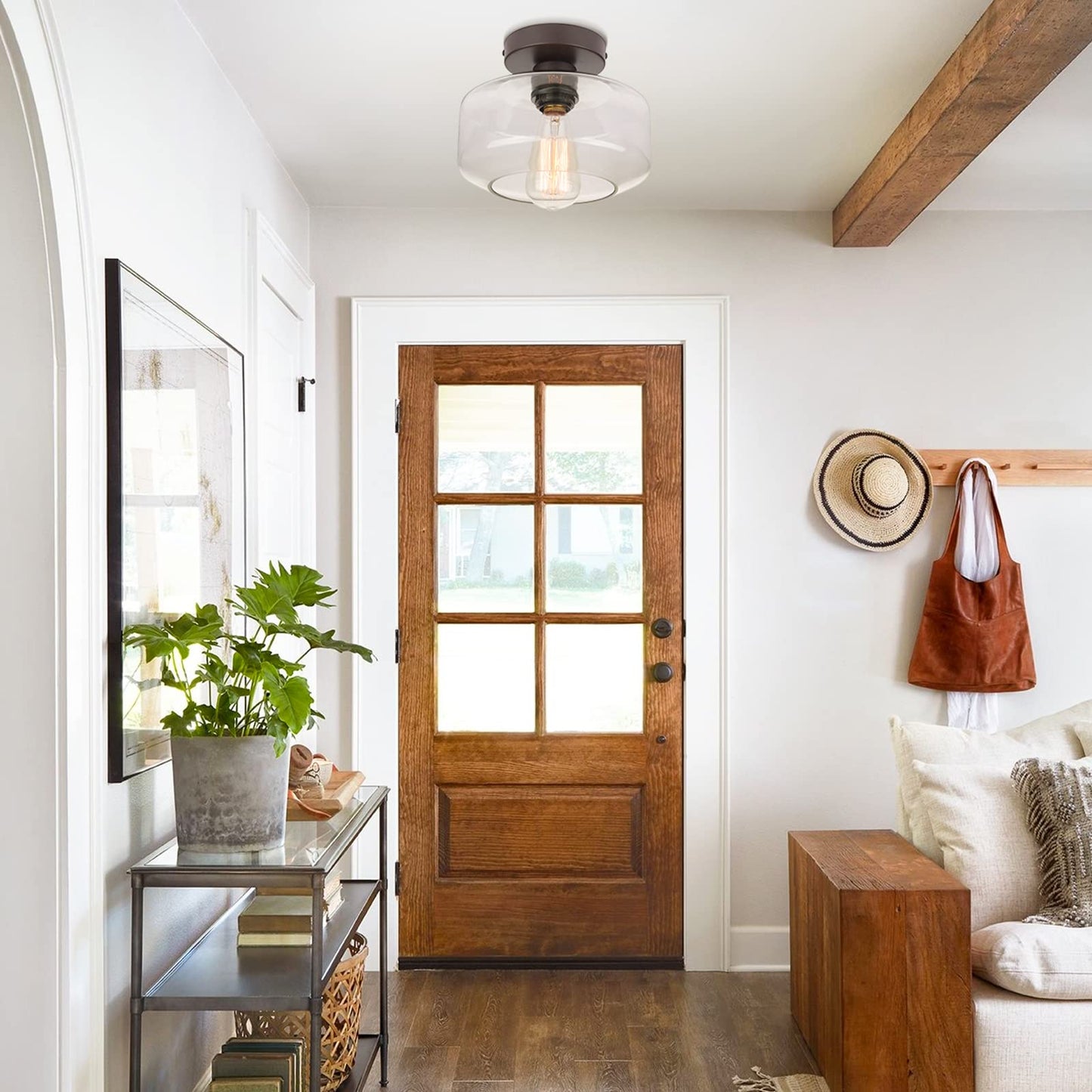 MAXvolador Industrial Semi Flush Mount Ceiling Light, Clear Glass Pendant Lamp Shade, Farmhouse Lighting for Hallway, Vintage Hanging Light Fixtures