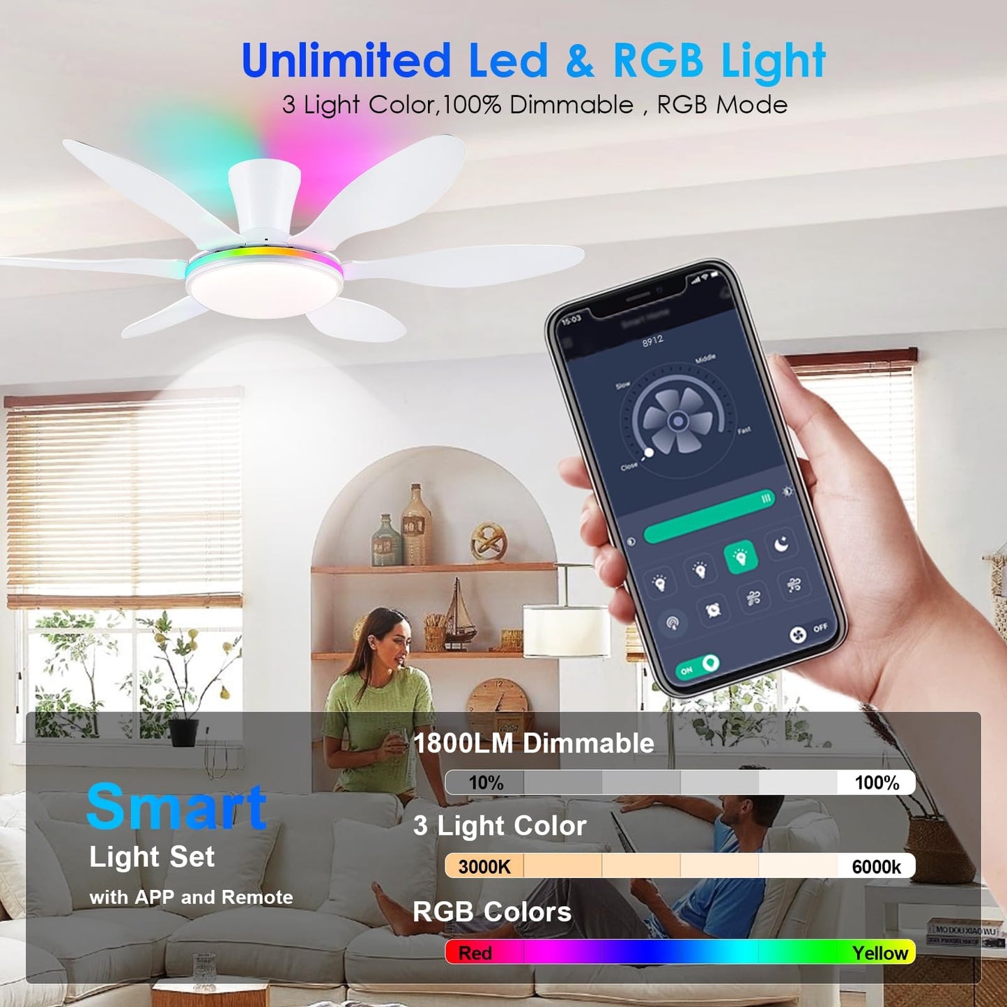 Ceiling Fans with Lights, 51 inch Modern Black Low Profile Ceiling Fan with Light and Remote App Control, Flush Mount, Quiet DC Reversible, Dim Led Ceiling Fan 6 Blade Softer Wind Indoor/Outdoor Patio