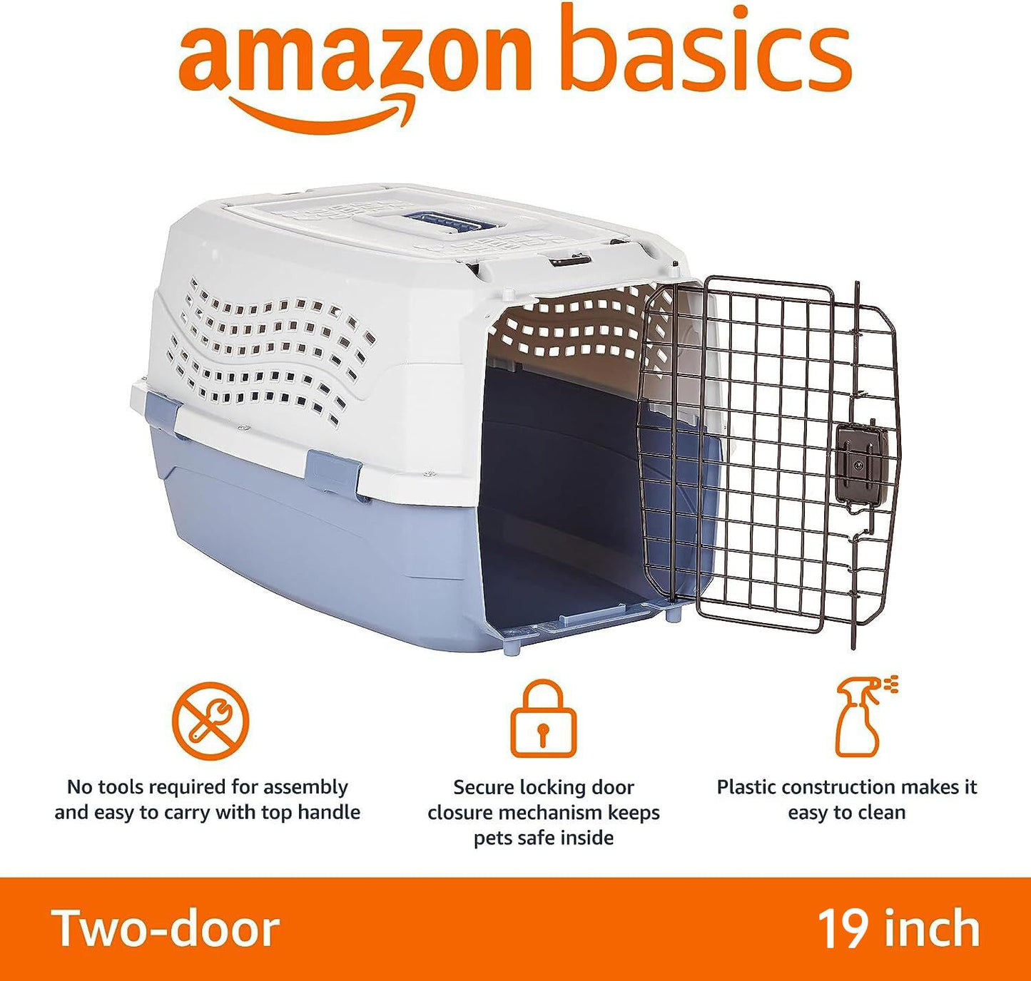 Amazon Basics 2-Door Top-Load Hard-Sided Dogs, Cats Pet Travel Carrier, Gray & Blue, 22.8"L x 15.0"W x 13.0"H