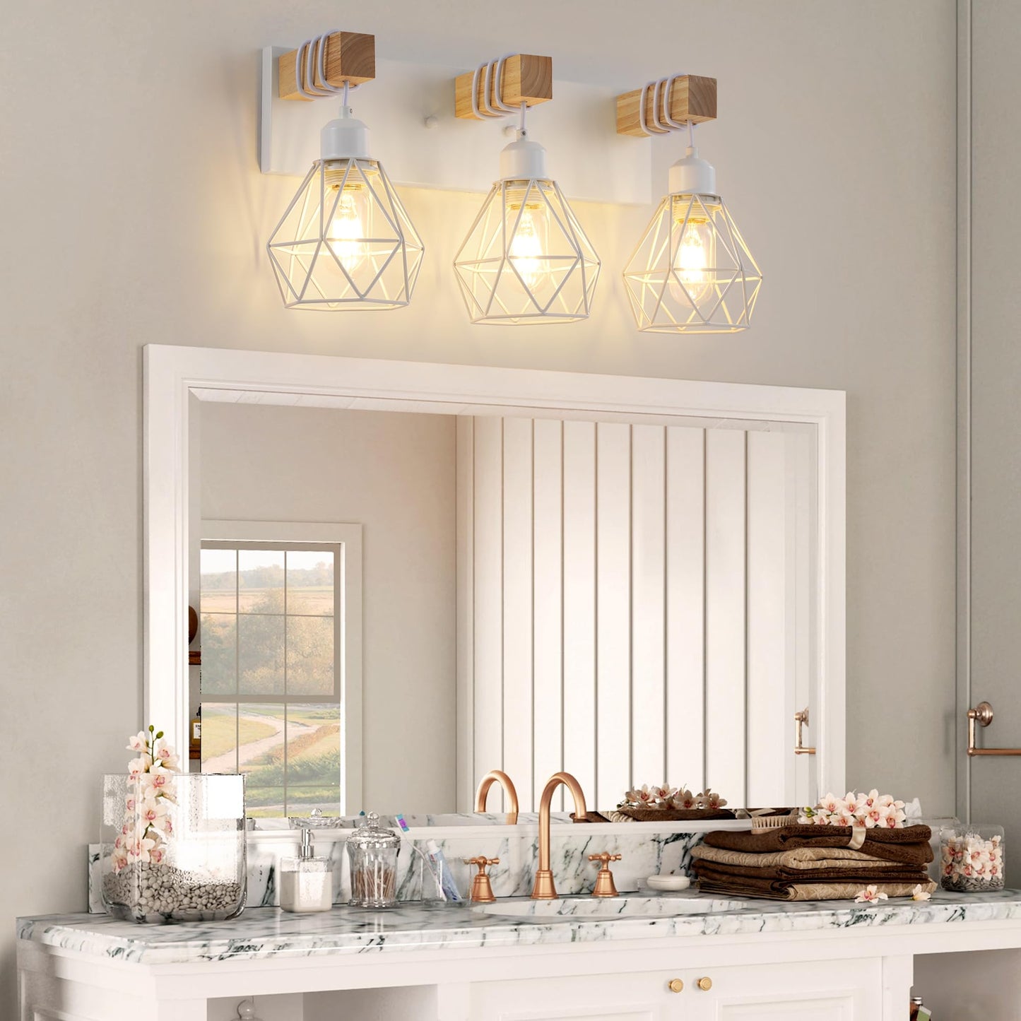 Farmhouse Vanity Light for Bathroom, 3-Light Wood Bathroom Vanity Light Fixtures Over Mirror, Rustic Sconces Wall Lighting with Metal Lampshade for Living Room, Bedroom, Hallway