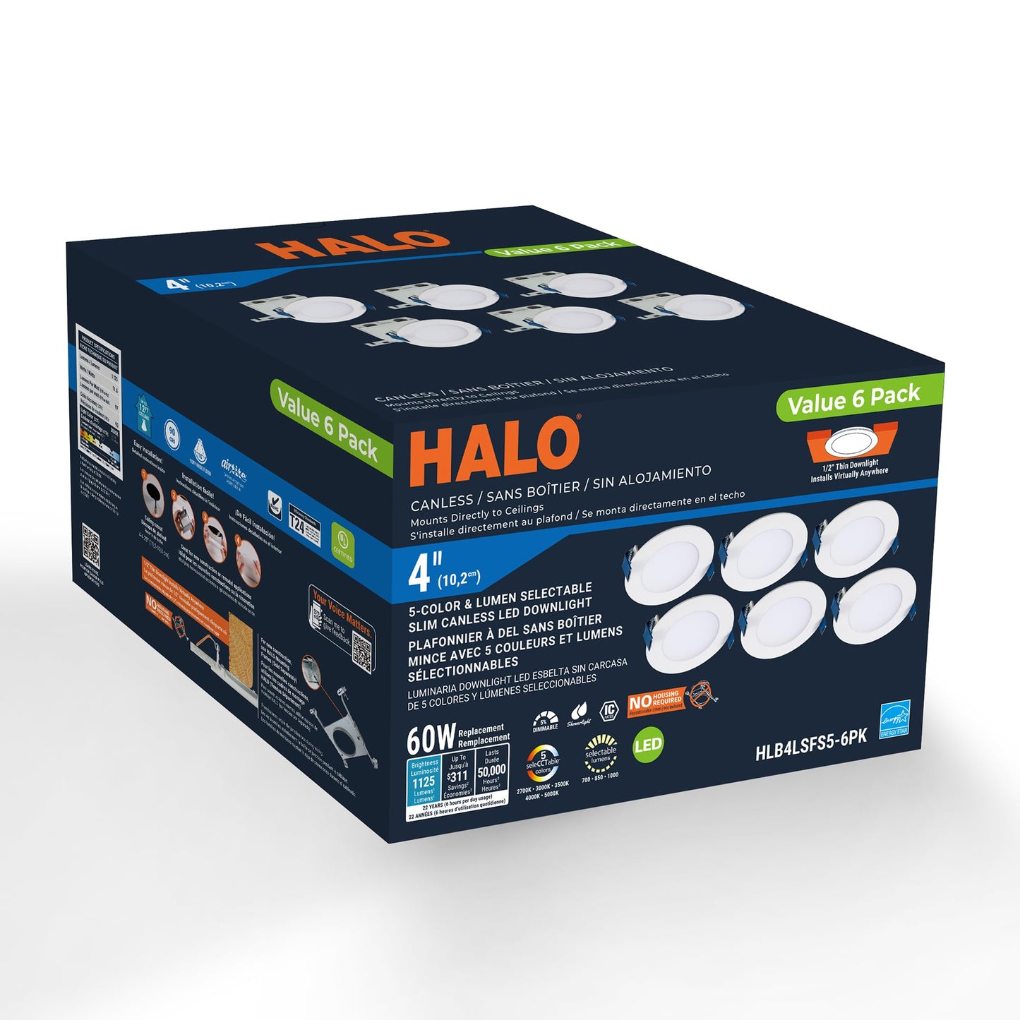 HALO HLB 4-Inch Thin Recessed Indoor/Outdoor Canless LED Downlight w/Selectable Color Temperatures 6-Pack HLB40699FS1EMWR-6PK