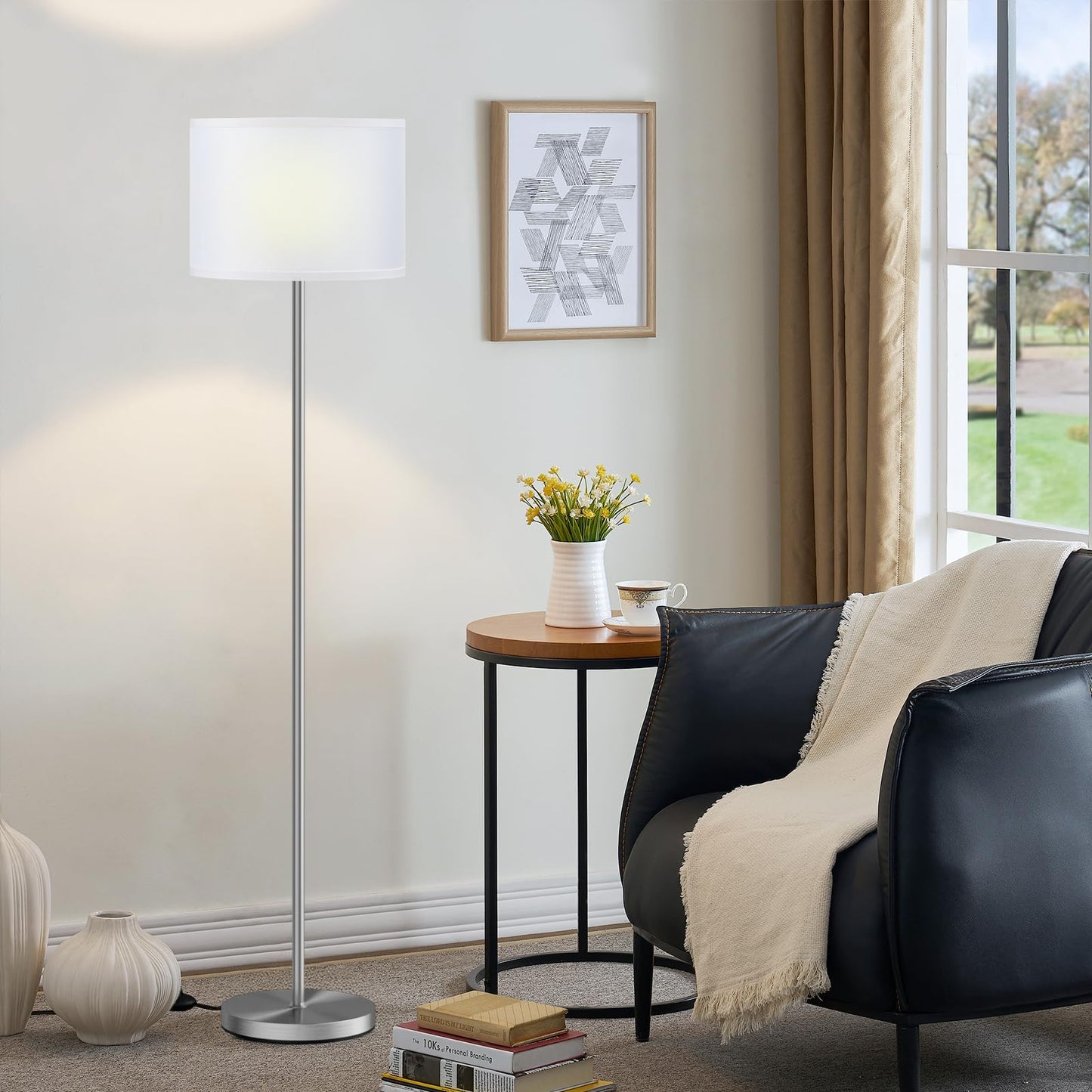 Modern Floor Lamp Simple Design with White Shade, Foot Pedal Switch, 60" Small Tall Lamps for Living Room Bedroom Office Dining Room Kitchen, Black Pole Lamp(Without Bulb)