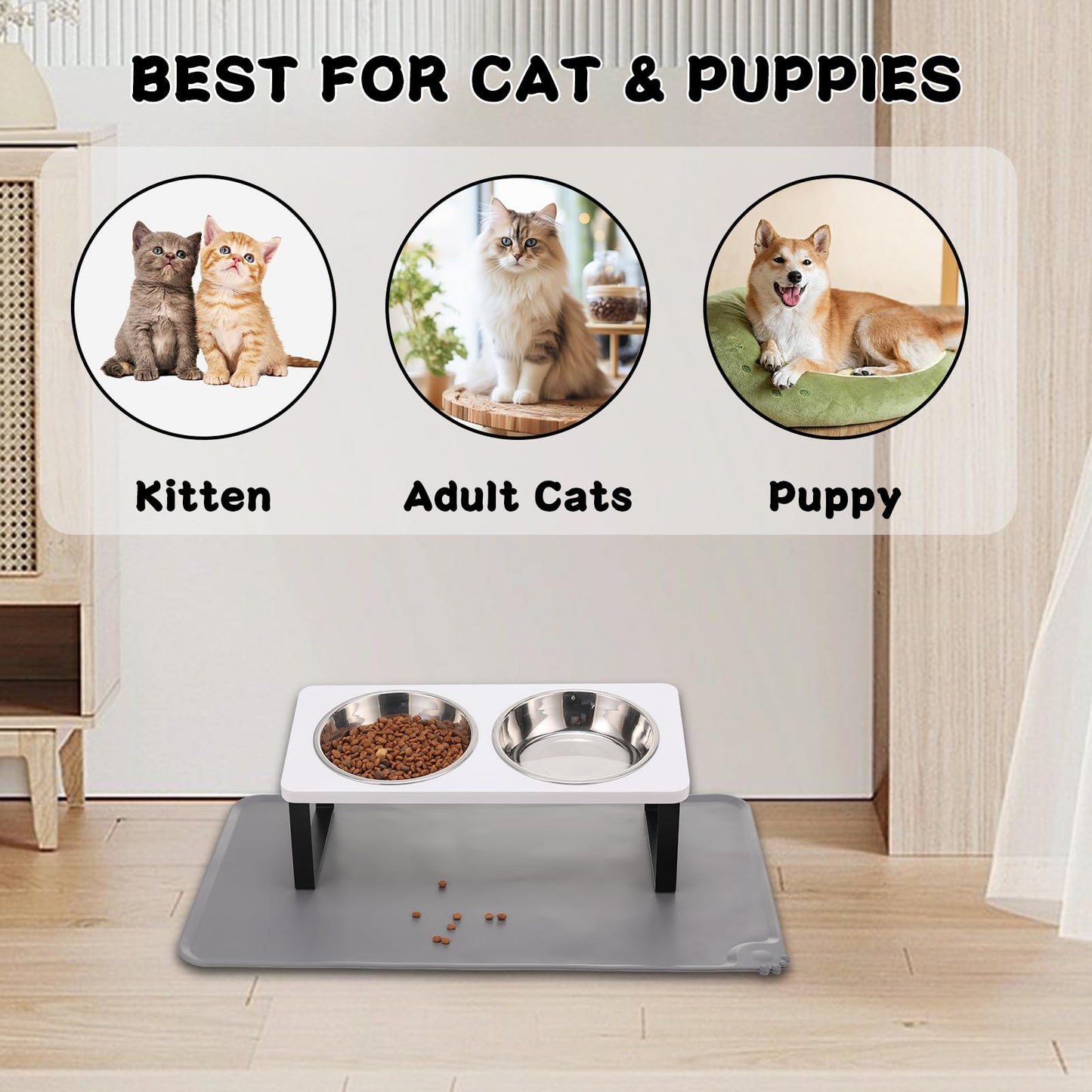 Upgraded Elevated Cat Bowls with Food Mat,15°Tilted Stand Anti Vomiting Raised Cat Dishes for Food and Water,2 Stainless Steel Bowls for Cats and Puppy