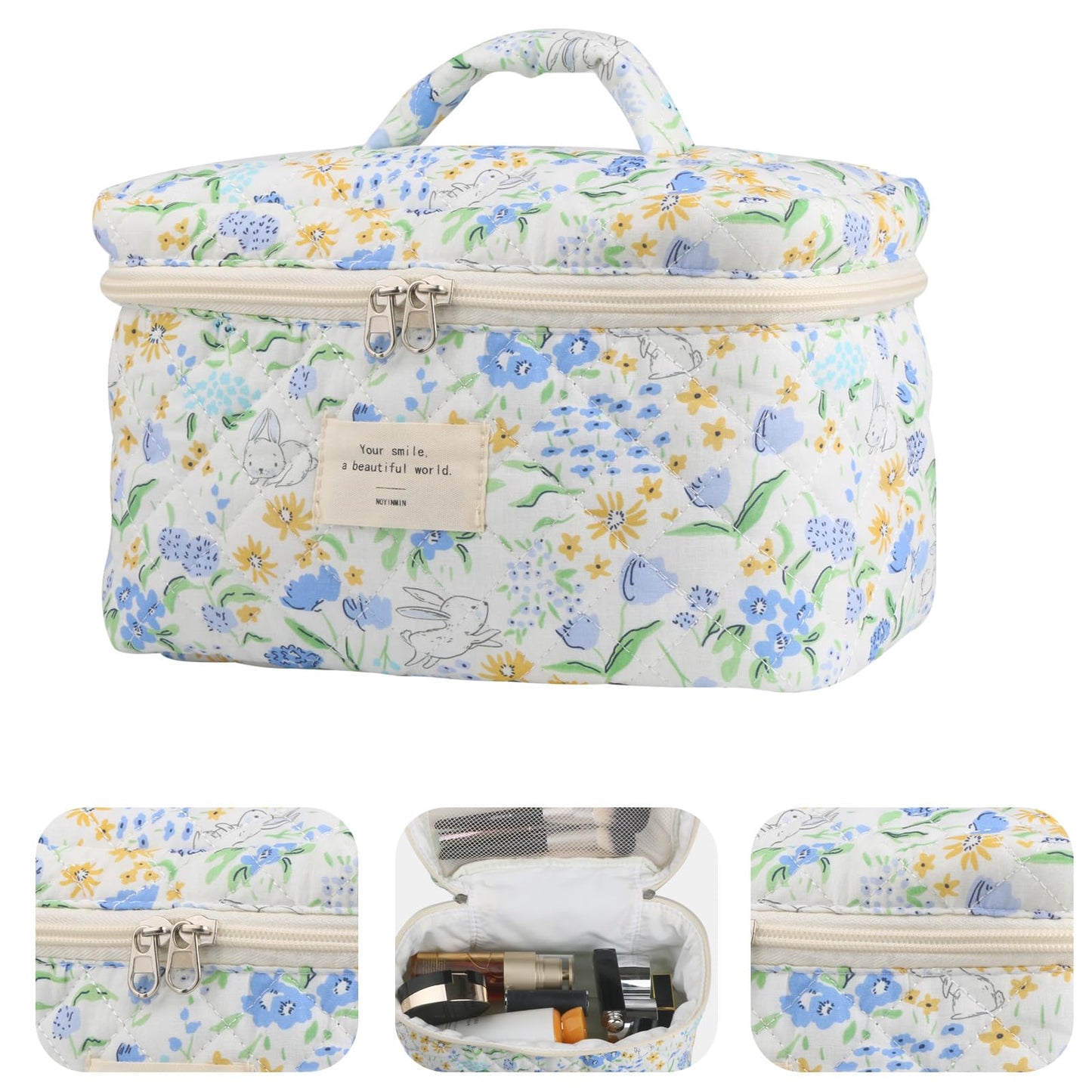 Cute Makeup Bag for Women(2 Pcs), Travel Cosmetic Bags, Quilted Coquette Aesthetic Floral Toiletry Organizer Bag (NavyBlue Flower)