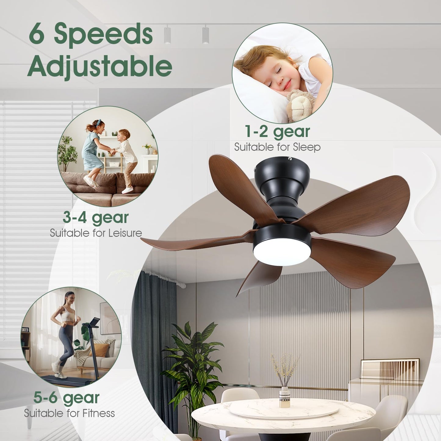 Ceiling Fans with Lights and Remote/APP Control, 30 inch Low Profile Ceiling Fans with 5 Reversible Blades 3 Colors Dimmable 6 Speeds Ceiling Fan for Bedroom Kids Room Dining Room, Black