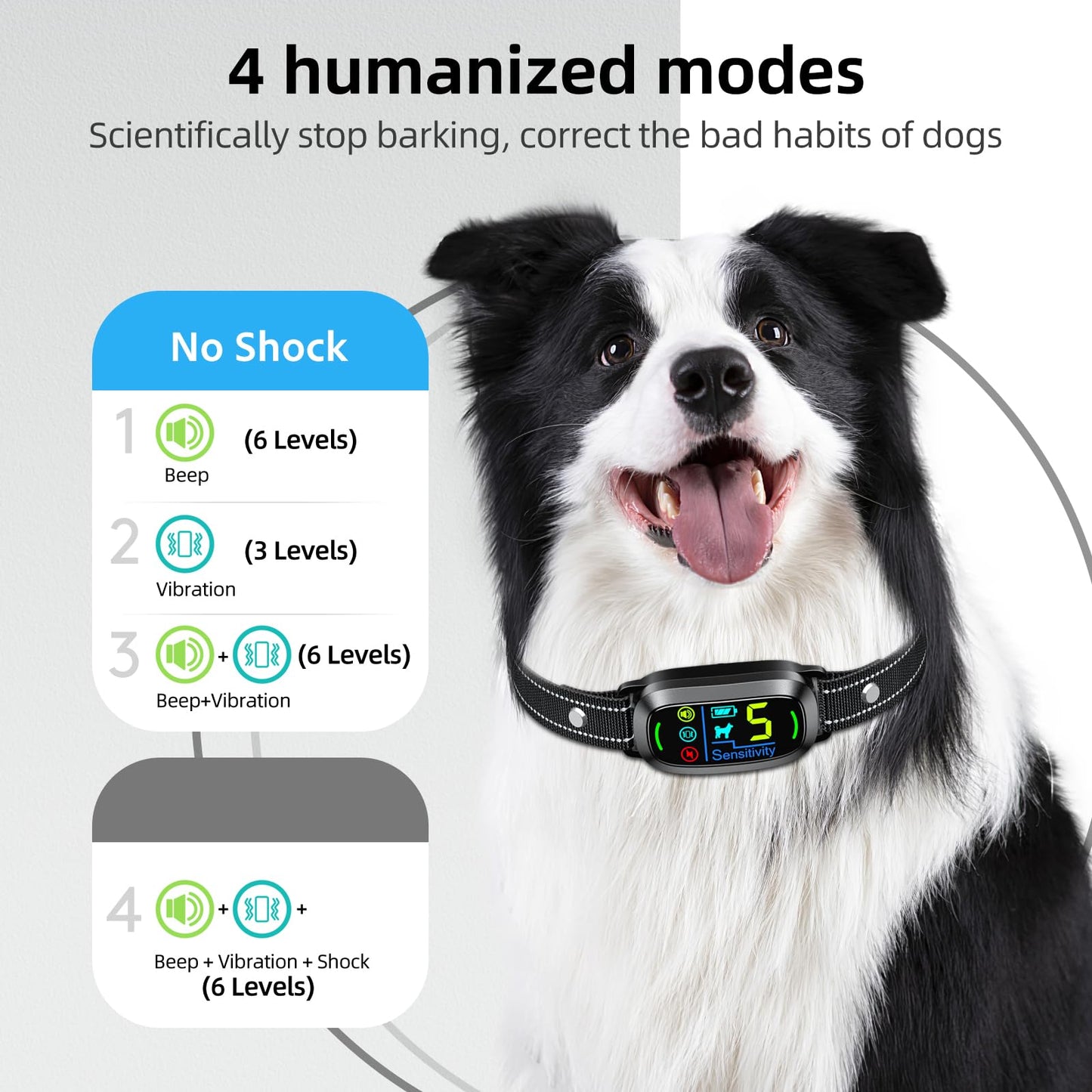 Dog Bark Collar for Large Medium Small Dogs, Rechargeable Smart Bark Collar, Anti Barking Training Collar with 5 Adjustable Sensitivity Beep Vibration (Black)