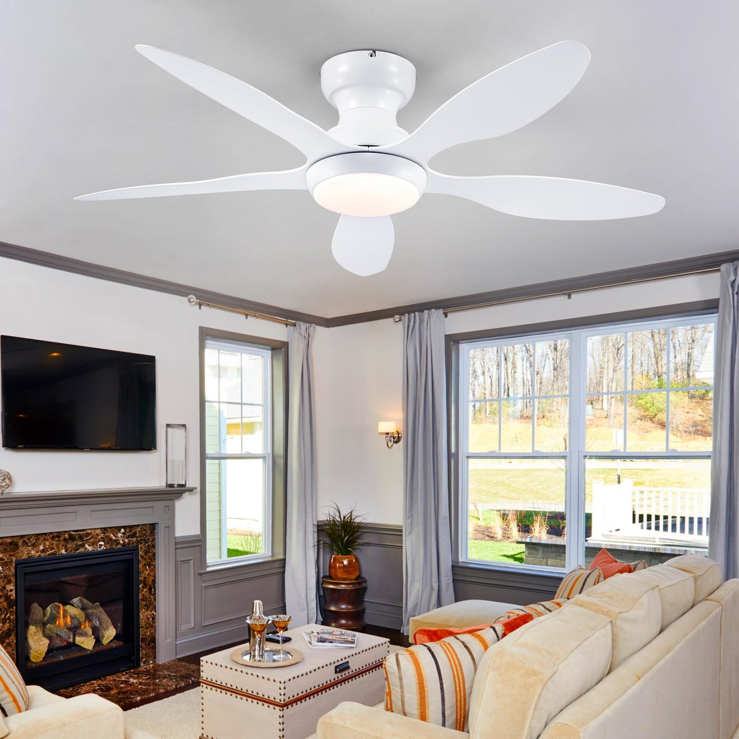 Ceiling Fans with Lights, 51 inch Modern Black Low Profile Ceiling Fan with Light and Remote App Control, Flush Mount, Quiet DC Reversible, Dim Led Ceiling Fan 6 Blade Softer Wind Indoor/Outdoor Patio