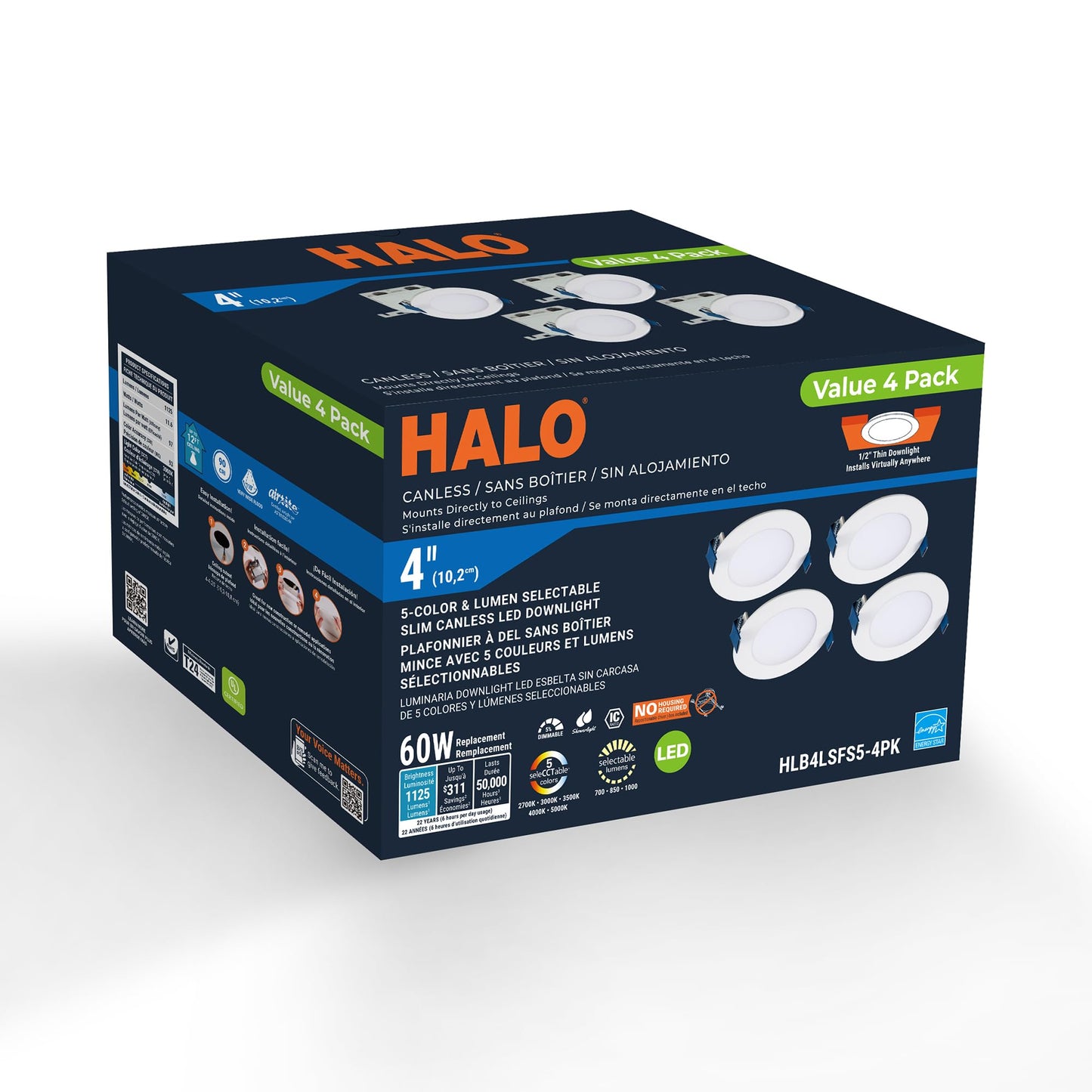 HALO HLB 4-Inch Thin Recessed Indoor/Outdoor Canless LED Downlight w/Selectable Color Temperatures 6-Pack HLB40699FS1EMWR-6PK