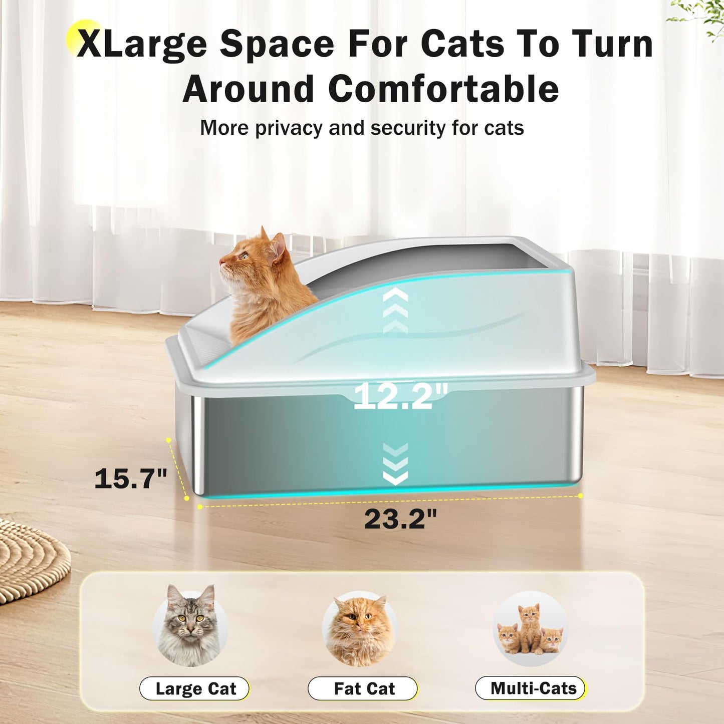 Stainless Steel Cat Litter Box, Extra Large Litter Boxes for Big Cats, Anti-Urine Leakage XL Litter Box with High Sides, Xlarge Metal Litter Box with Lid, Easy Clean, Non-Sticky, Cat Mat & Metal Scoop