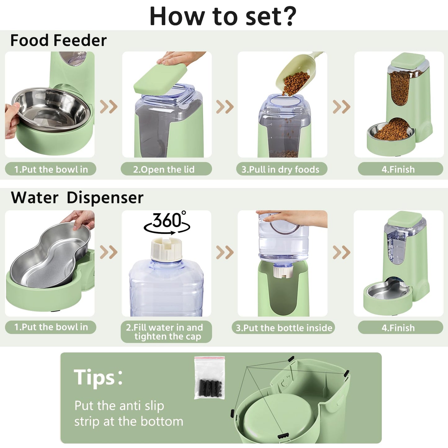 2 Pack Automatic Cat Feeder and Stainless Steel Water Dispenser, Gravity Dog Waterer Set Food Feeder and Waterer Set for Small Medium Kitten Puppy Pets(1 Gallon x 2, Charcoal Gray)