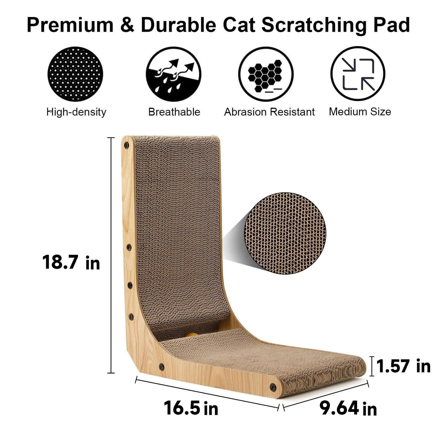 FUKUMARU Cat Scratcher, 26.8 Inch L Shape Cat Scratch Pad Wall Mounted, Cat Scratching Cardboard with Ball Toy for Indoor Cats, Large Size