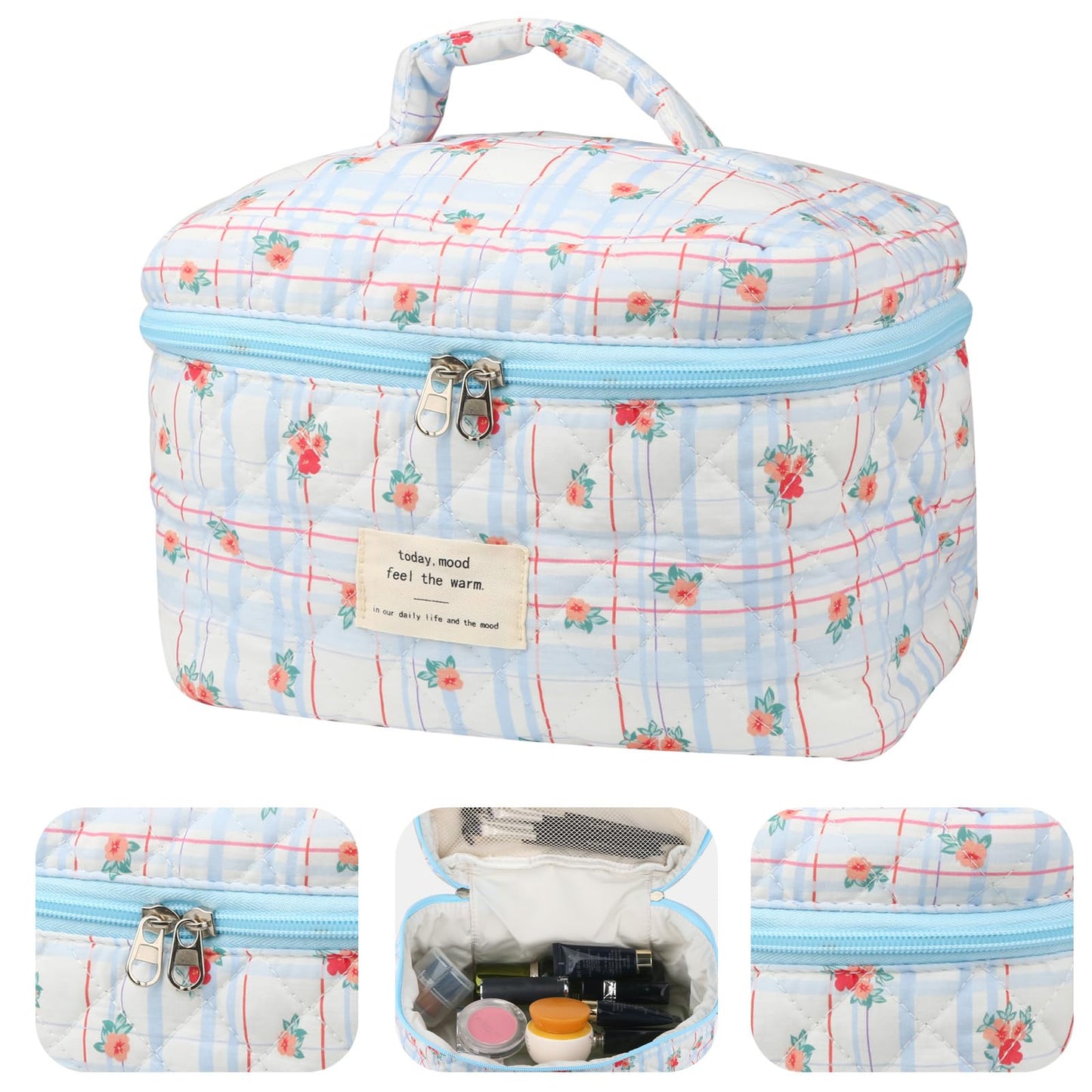 Cute Makeup Bag for Women(2 Pcs), Travel Cosmetic Bags, Quilted Coquette Aesthetic Floral Toiletry Organizer Bag (NavyBlue Flower)
