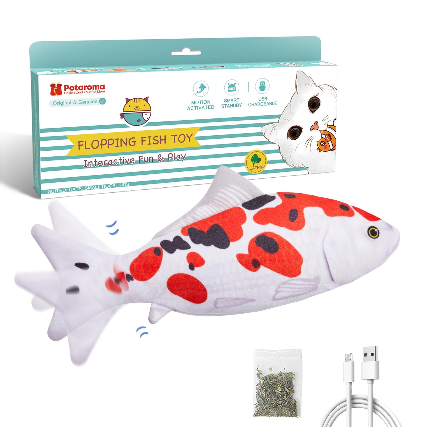 Potaroma Cat Toys Flopping Fish with SilverVine and Catnip, Moving Kitten Kicker, Floppy Wiggle Carp for Small Dogs, Interactive Motion Kitty Exercise, 10.5 Inches