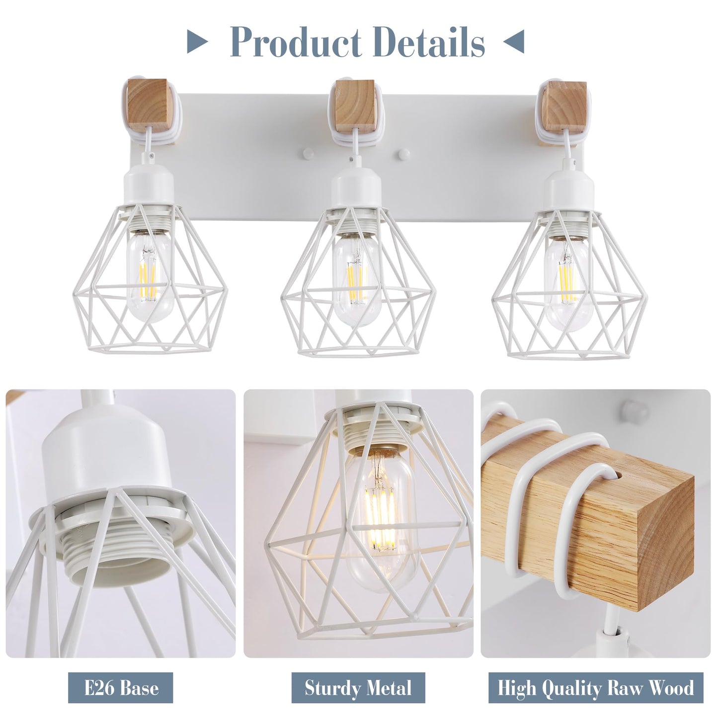 Farmhouse Vanity Light for Bathroom, 3-Light Wood Bathroom Vanity Light Fixtures Over Mirror, Rustic Sconces Wall Lighting with Metal Lampshade for Living Room, Bedroom, Hallway