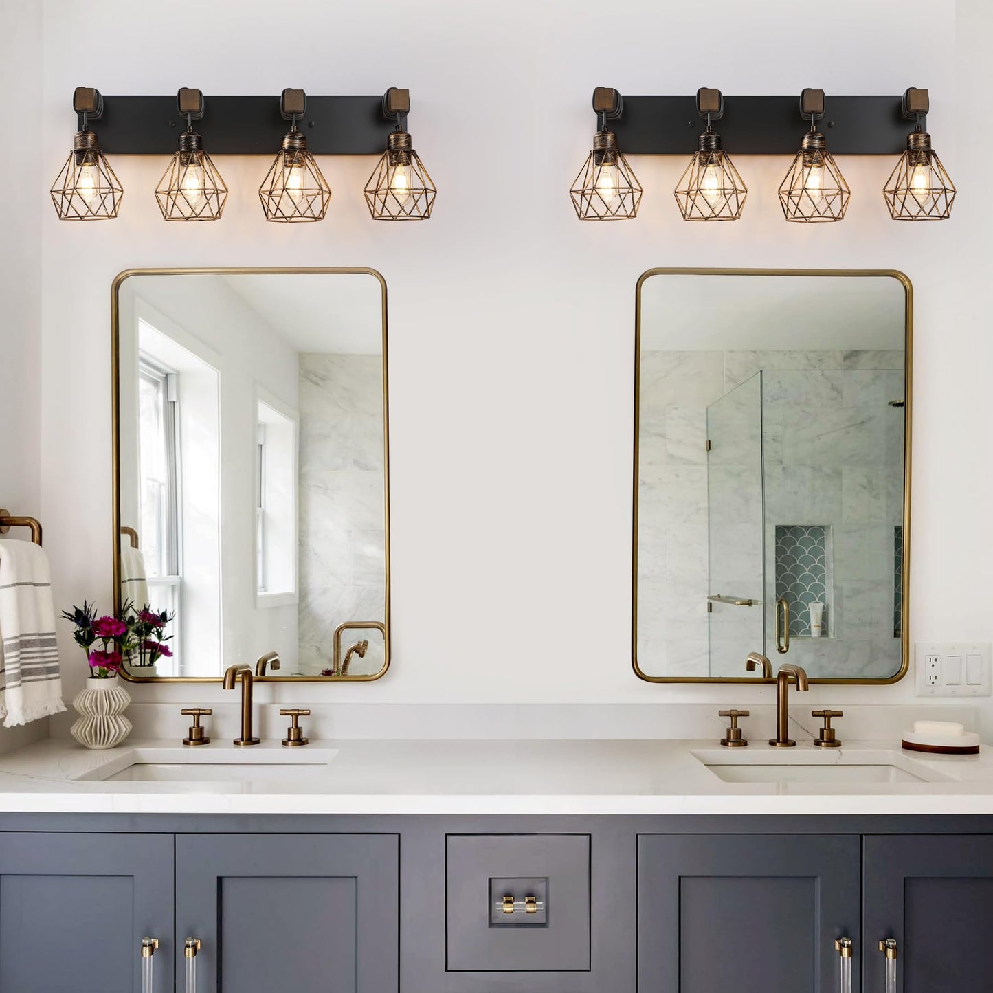 Farmhouse Vanity Light for Bathroom, 3-Light Wood Bathroom Vanity Light Fixtures Over Mirror, Rustic Sconces Wall Lighting with Metal Lampshade for Living Room, Bedroom, Hallway
