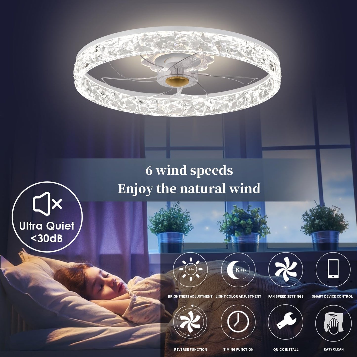 20‘’ Ceiling Fan with Light, Upgraded Low Profile Fan, Flush Mount Ceiling Fan, 6 Speeds, Dimmable LED, App & Remote Control, Quiet DC Motor, for Bedroom, Living Room, F115 White