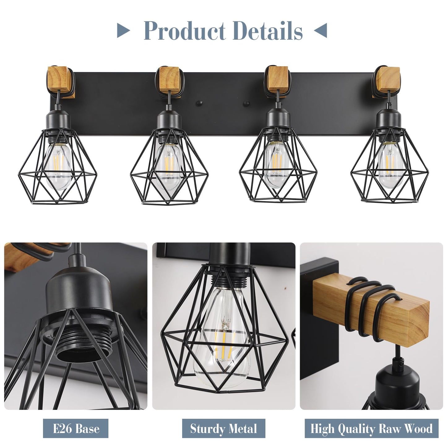 Farmhouse Vanity Light for Bathroom, 3-Light Wood Bathroom Vanity Light Fixtures Over Mirror, Rustic Sconces Wall Lighting with Metal Lampshade for Living Room, Bedroom, Hallway