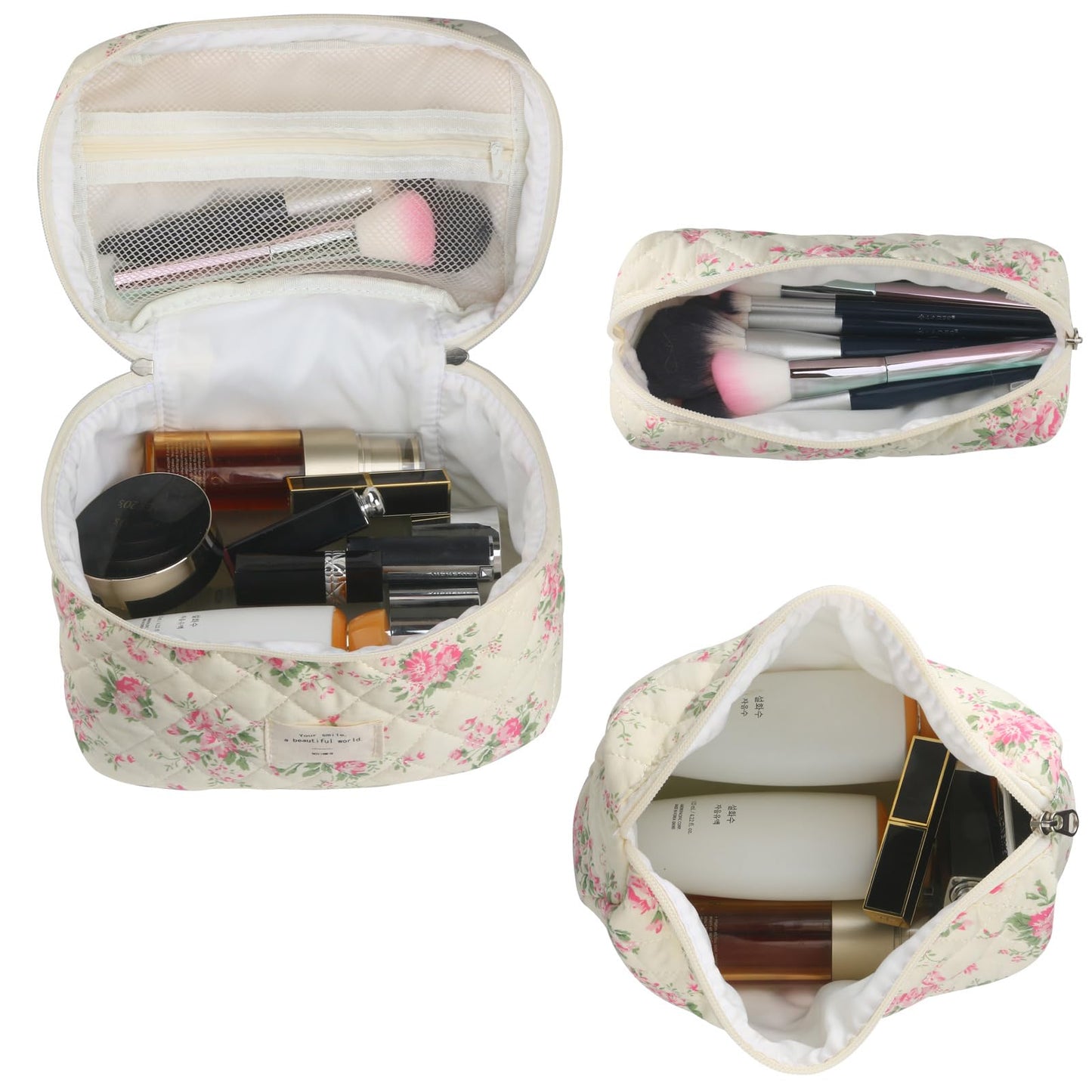 Cute Makeup Bag for Women(2 Pcs), Travel Cosmetic Bags, Quilted Coquette Aesthetic Floral Toiletry Organizer Bag (NavyBlue Flower)