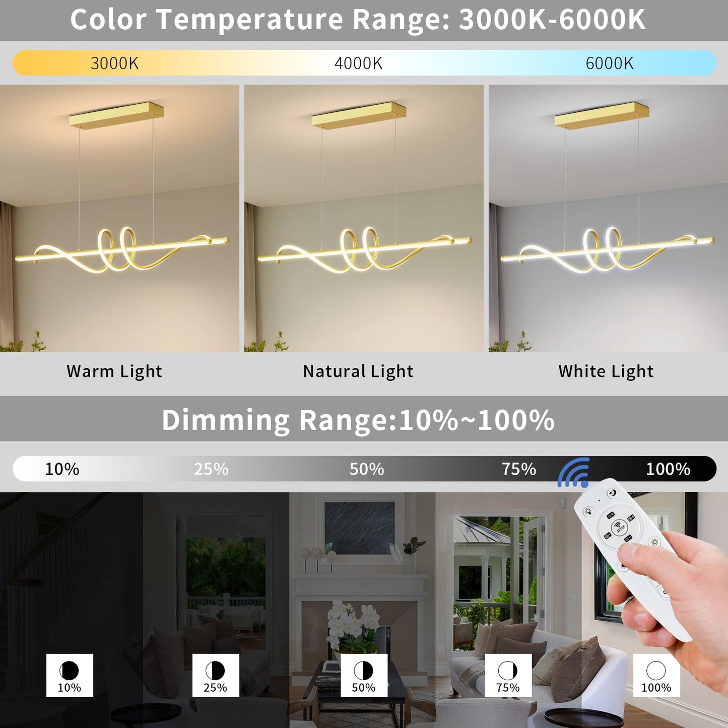 Modern LED Pendant Lights, 39in Chandelier Dimmable with Remote Control 3000k-6000K Adjustable Color Temperature, Aluminum Island Lighting Lamp Fixture for Kitchen, Dining Room, Billiard Room