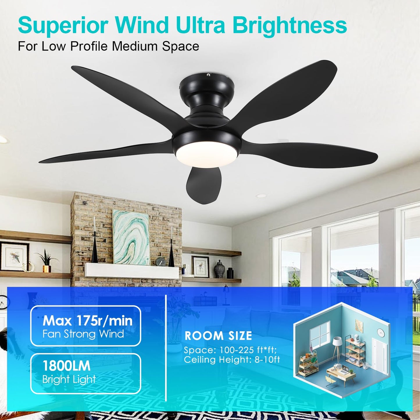 Ceiling Fans with Lights, 51 inch Modern Black Low Profile Ceiling Fan with Light and Remote App Control, Flush Mount, Quiet DC Reversible, Dim Led Ceiling Fan 6 Blade Softer Wind Indoor/Outdoor Patio