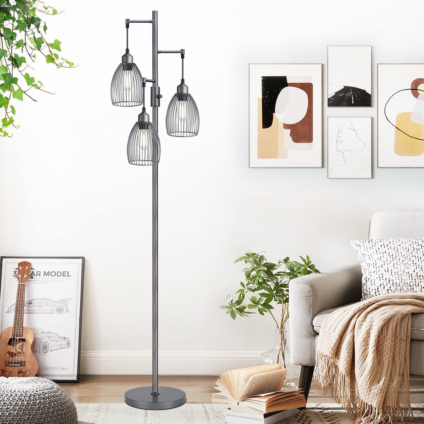 Dimmable Industrial Floor Lamps for Living Room, Gold Tree Standing Tall Lamps with 3 Elegant Teardrop Cage Head & 800 Lumens LED Bulbs for Bedroom Office