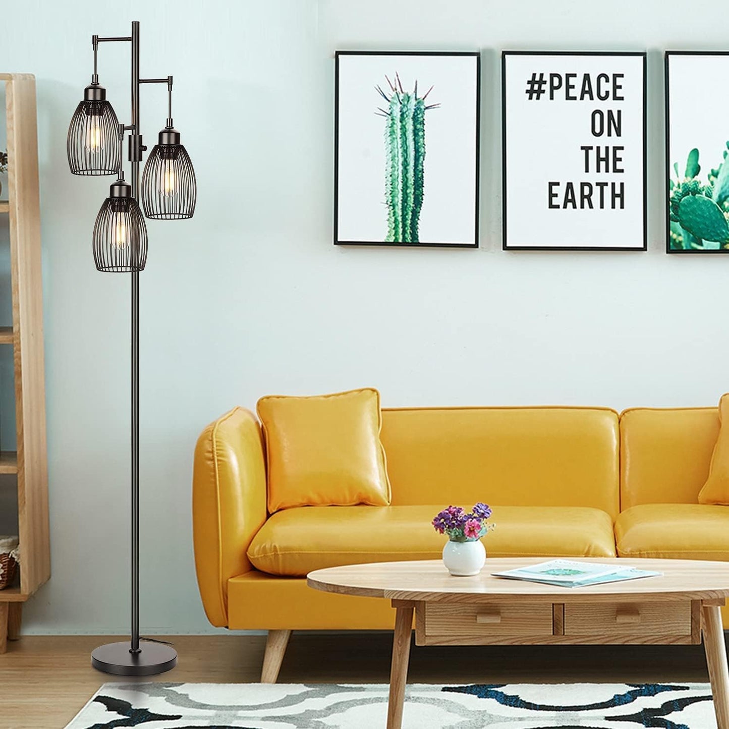Dimmable Industrial Floor Lamps for Living Room, Gold Tree Standing Tall Lamps with 3 Elegant Teardrop Cage Head & 800 Lumens LED Bulbs for Bedroom Office