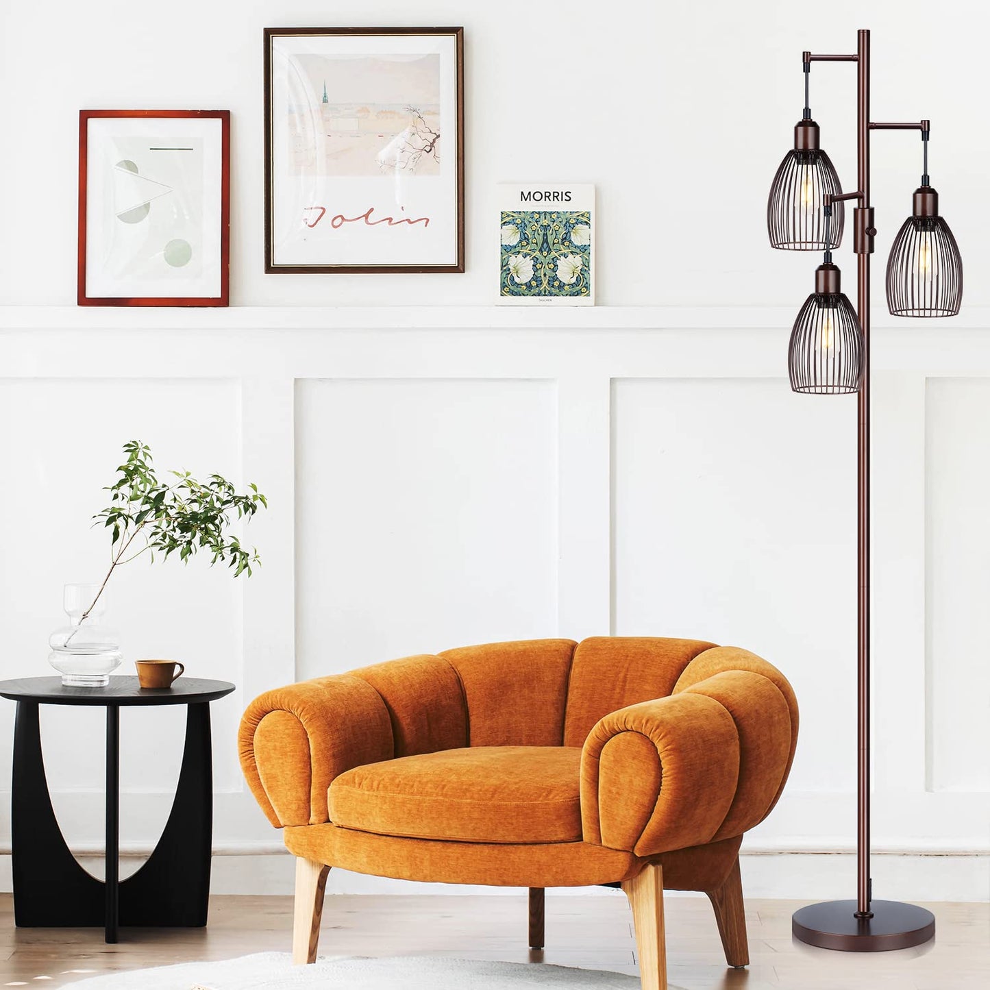 Dimmable Industrial Floor Lamps for Living Room, Gold Tree Standing Tall Lamps with 3 Elegant Teardrop Cage Head & 800 Lumens LED Bulbs for Bedroom Office