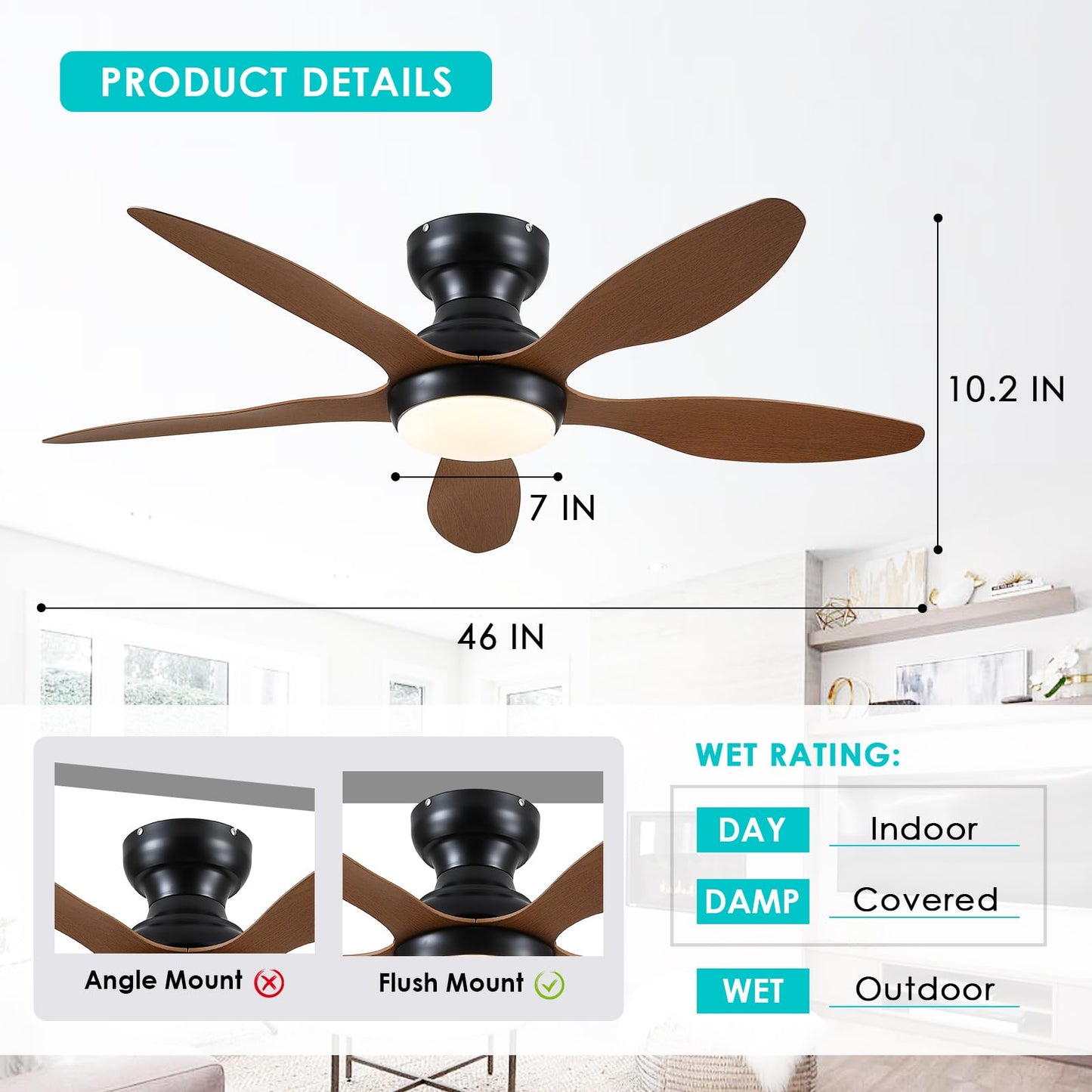 Ceiling Fans with Lights, 51 inch Modern Black Low Profile Ceiling Fan with Light and Remote App Control, Flush Mount, Quiet DC Reversible, Dim Led Ceiling Fan 6 Blade Softer Wind Indoor/Outdoor Patio