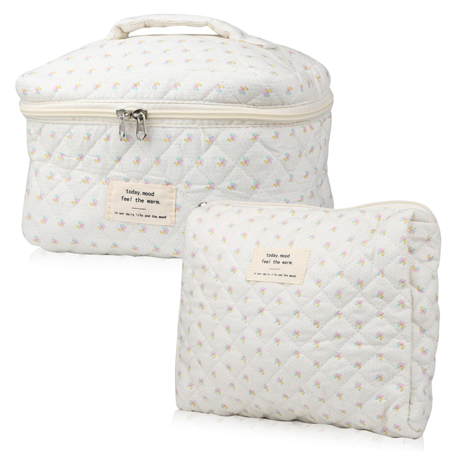 Cute Makeup Bag for Women(2 Pcs), Travel Cosmetic Bags, Quilted Coquette Aesthetic Floral Toiletry Organizer Bag (NavyBlue Flower)