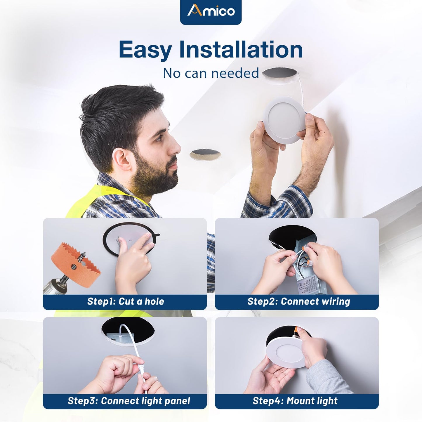Amico 12 Pack 6 Inch 5CCT Ultra-Thin LED Recessed Ceiling Light with Junction Box, 1050LM Brightness, Dimmable Canless Wafer Downlight, 12W, ETL&FCC
