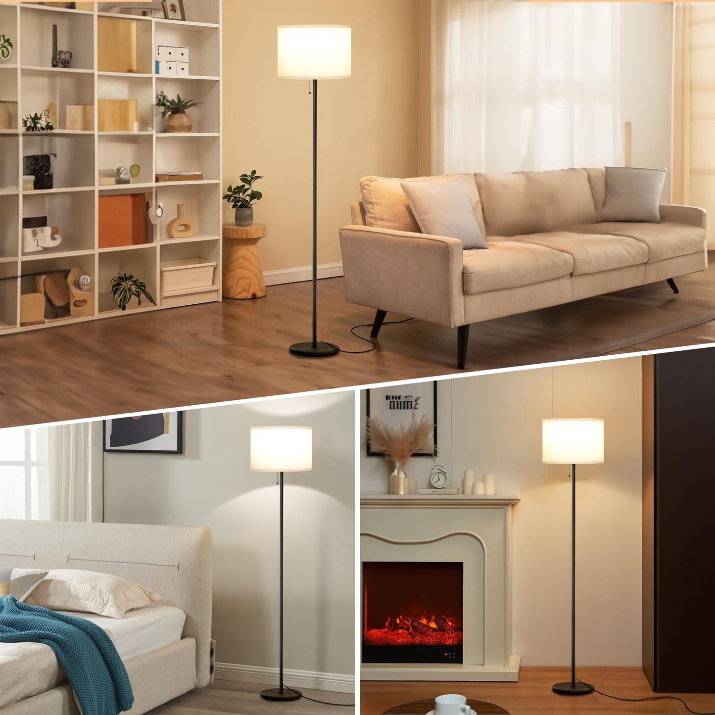 Modern Floor Lamp Simple Design with White Shade, Foot Pedal Switch, 60" Small Tall Lamps for Living Room Bedroom Office Dining Room Kitchen, Black Pole Lamp(Without Bulb)