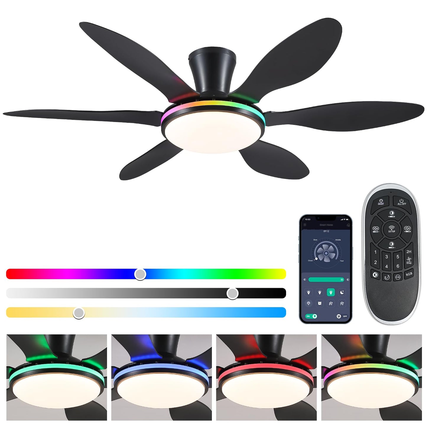 Ceiling Fans with Lights, 51 inch Modern Black Low Profile Ceiling Fan with Light and Remote App Control, Flush Mount, Quiet DC Reversible, Dim Led Ceiling Fan 6 Blade Softer Wind Indoor/Outdoor Patio