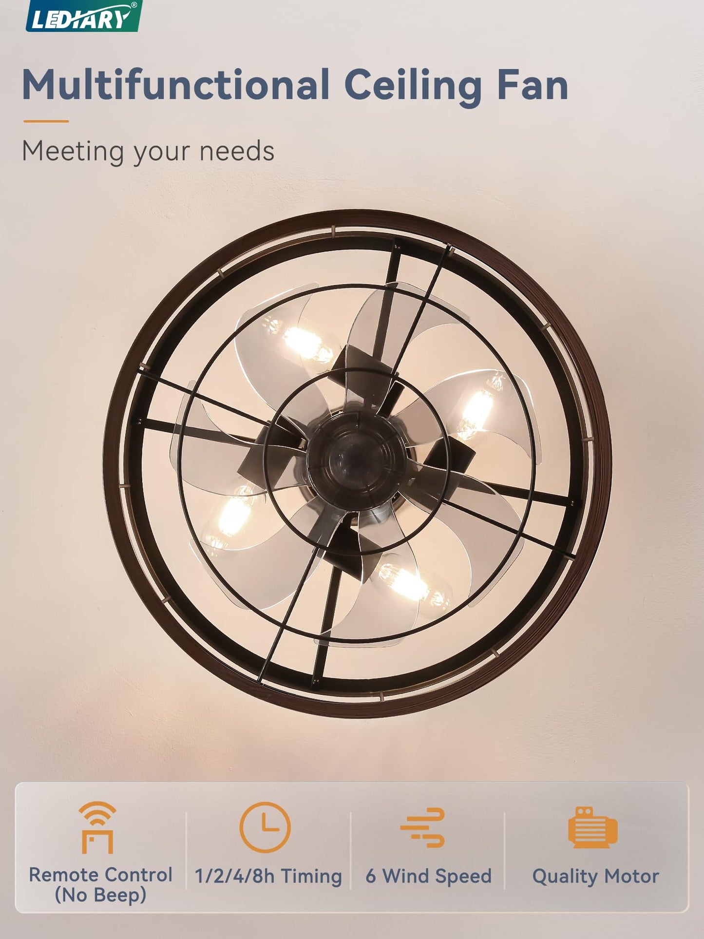 LEDIARY 16.5 inch Black Caged Ceiling Fan with Light, Fandelier Industrial Ceiling Fan with Remote, Farmhouse Fan Lights Ceiling Fixtures for Kitchen, Bedroom, Outdoor(6 Speed, Timing)-Black