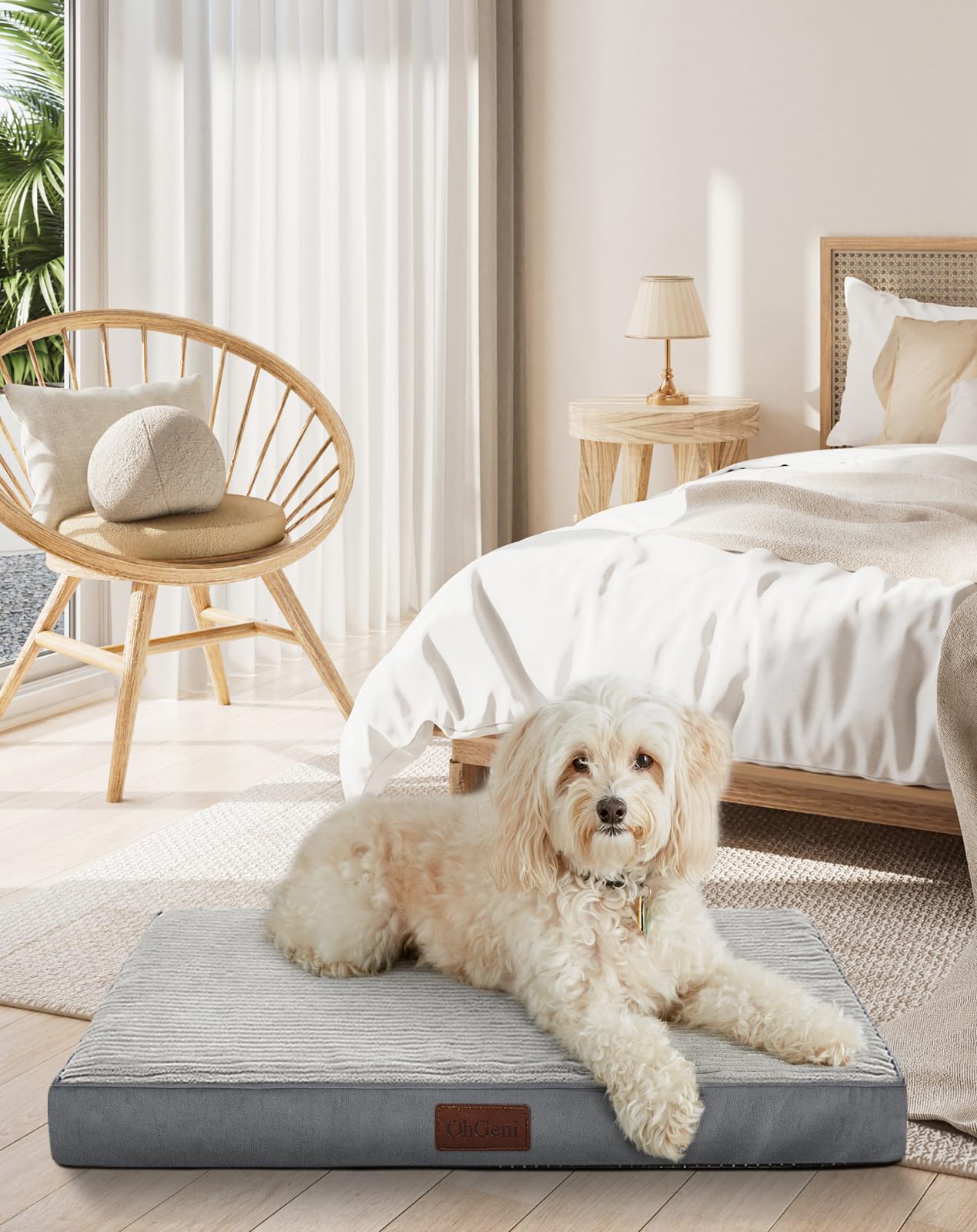 OhGeni 35 Inch Orthopedic Waterproof & Machine Washable Dog Bed for Medium Large Pets, Suitable for Crates, 25D Egg Crate Foam, Non-Slip Bottom & Removable Cover, Invisible Zipper(Gray)
