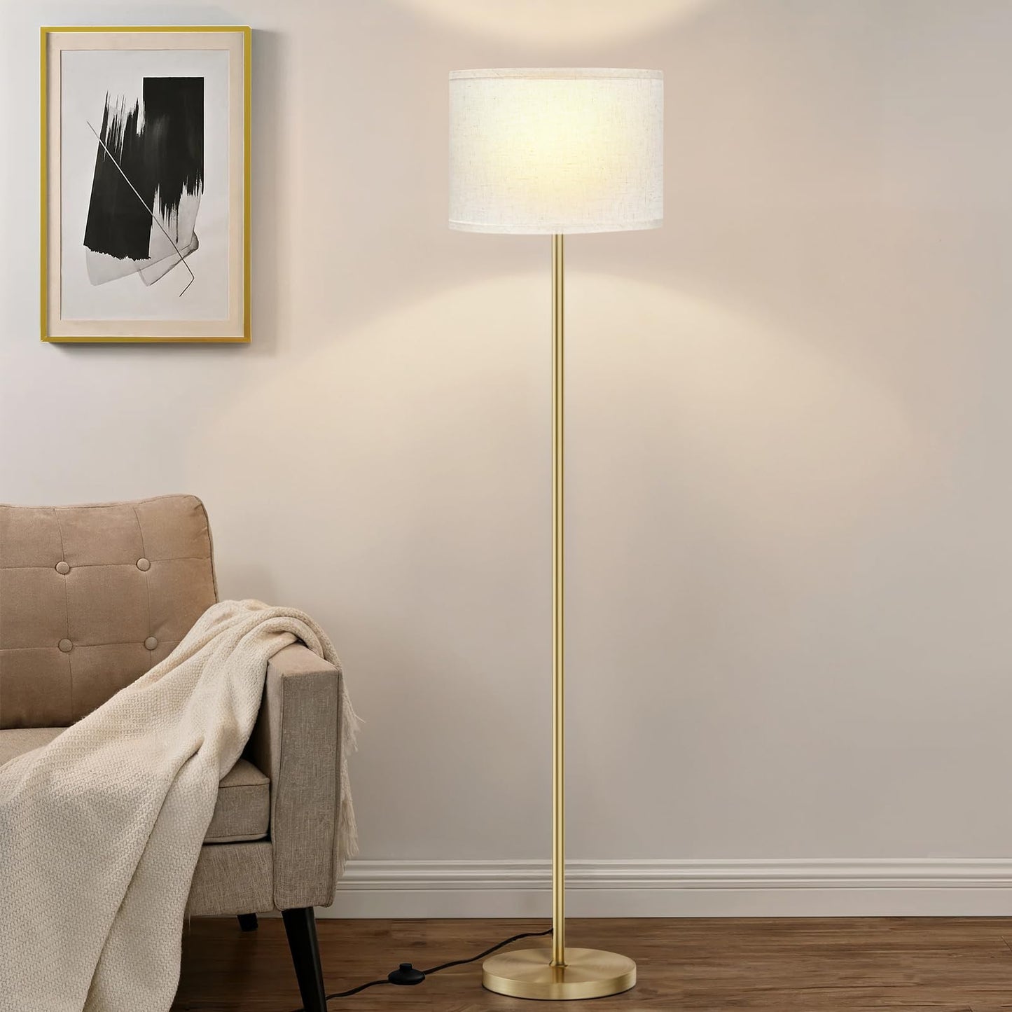 Modern Floor Lamp Simple Design with White Shade, Foot Pedal Switch, 60" Small Tall Lamps for Living Room Bedroom Office Dining Room Kitchen, Black Pole Lamp(Without Bulb)