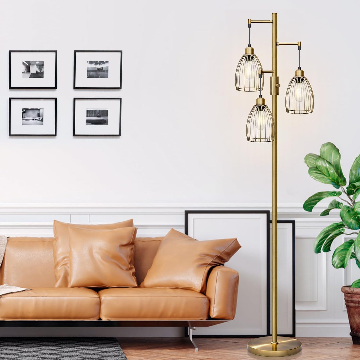 Dimmable Industrial Floor Lamps for Living Room, Gold Tree Standing Tall Lamps with 3 Elegant Teardrop Cage Head & 800 Lumens LED Bulbs for Bedroom Office