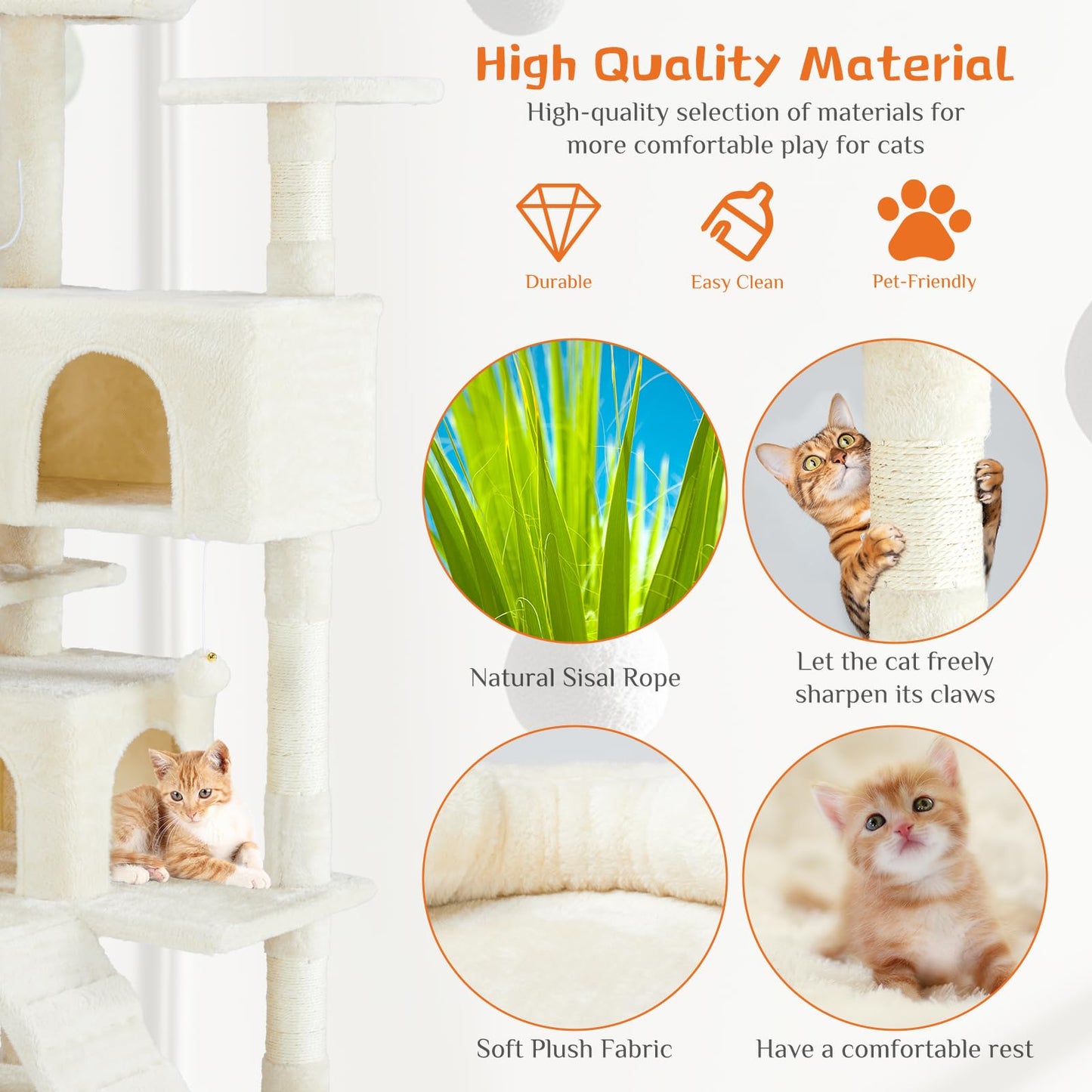 Sweetcrispy 54-Inch Cat Tree Tower – Multi-Level with Sisal Scratching Post, Perfect Pet Gift, Indoor Condo with Climbing Ladder, Plush Toy, and More Animal Stuff, Light Grey
