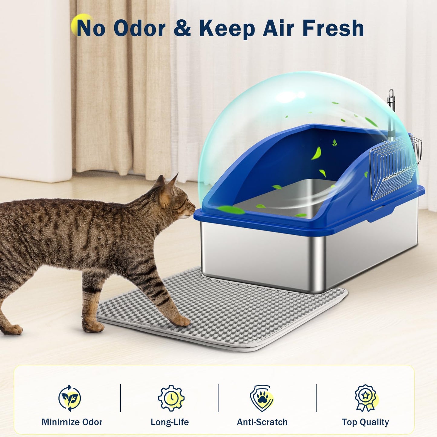 Stainless Steel Cat Litter Box, Extra Large Litter Boxes for Big Cats, Anti-Urine Leakage XL Litter Box with High Sides, Xlarge Metal Litter Box with Lid, Easy Clean, Non-Sticky, Cat Mat & Metal Scoop