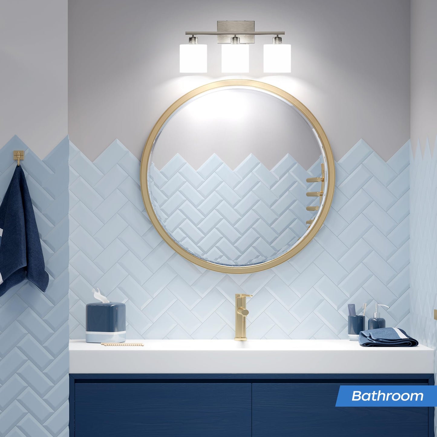 PARTPHONER Bathroom Light Fixtures, Bathroom Lighting Fixtures Over Mirror, Interior Classic Vanity Lights, Modern Bathroom Vanity Light with Textured White Glass Shade, Brushed Nickel, 3-Light