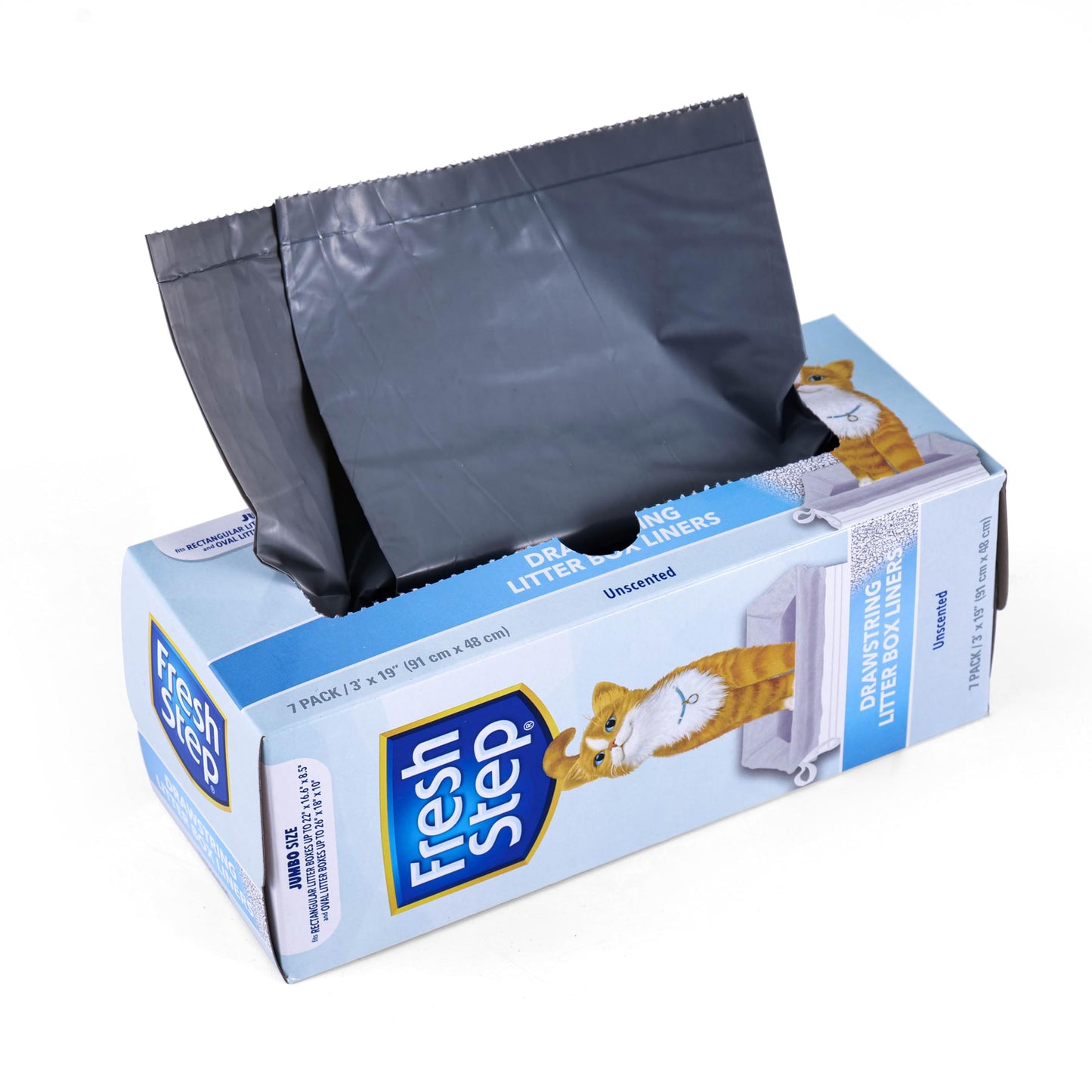 Fresh Step Drawstring Cat Litter Box Liners, Unscented, Size Jumbo, 36" x 19" | Kitty Litter Bags - 15 Count - Cat Litter Liners for Rectangle or Oval Large Litterboxes