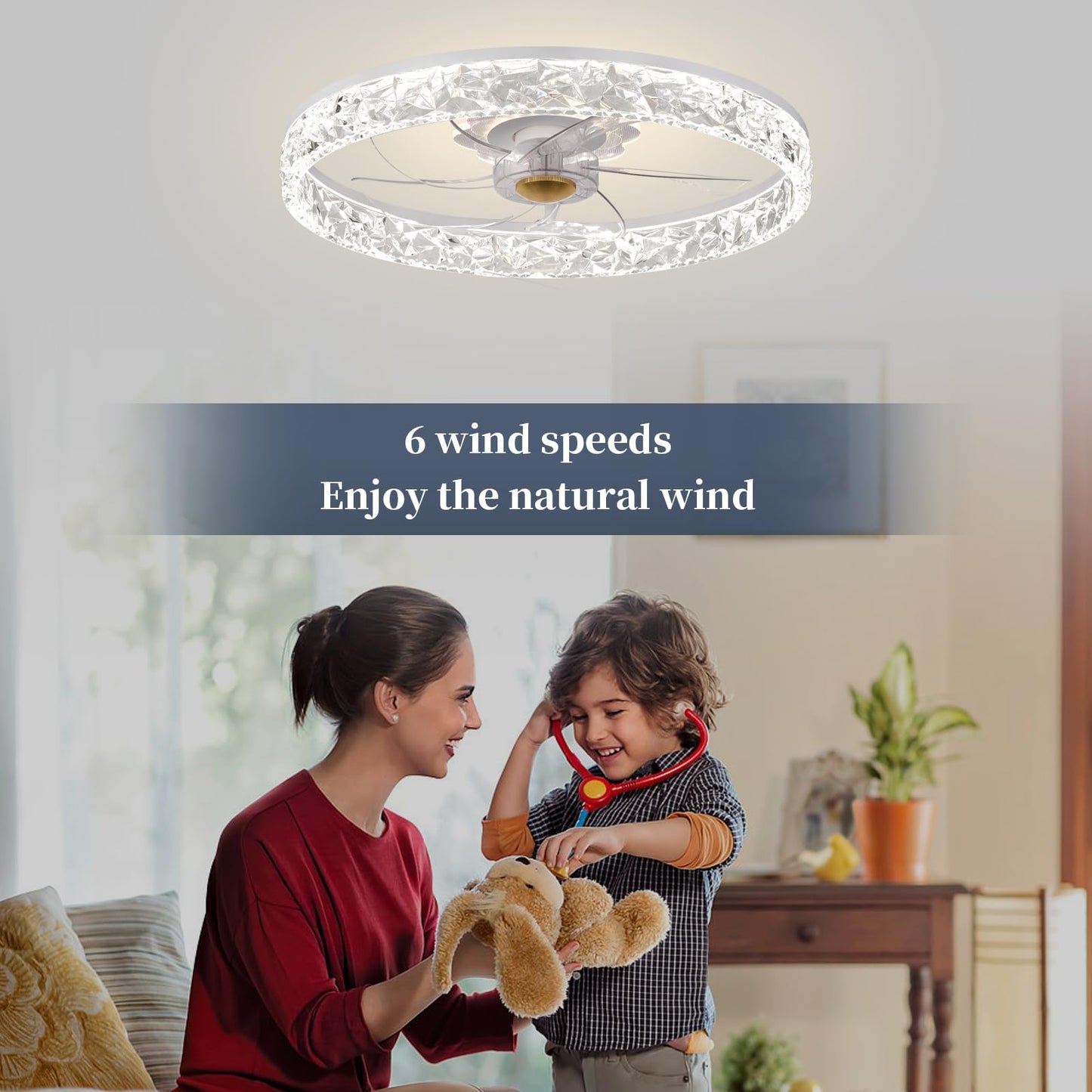 20‘’ Ceiling Fan with Light, Upgraded Low Profile Fan, Flush Mount Ceiling Fan, 6 Speeds, Dimmable LED, App & Remote Control, Quiet DC Motor, for Bedroom, Living Room, F115 White