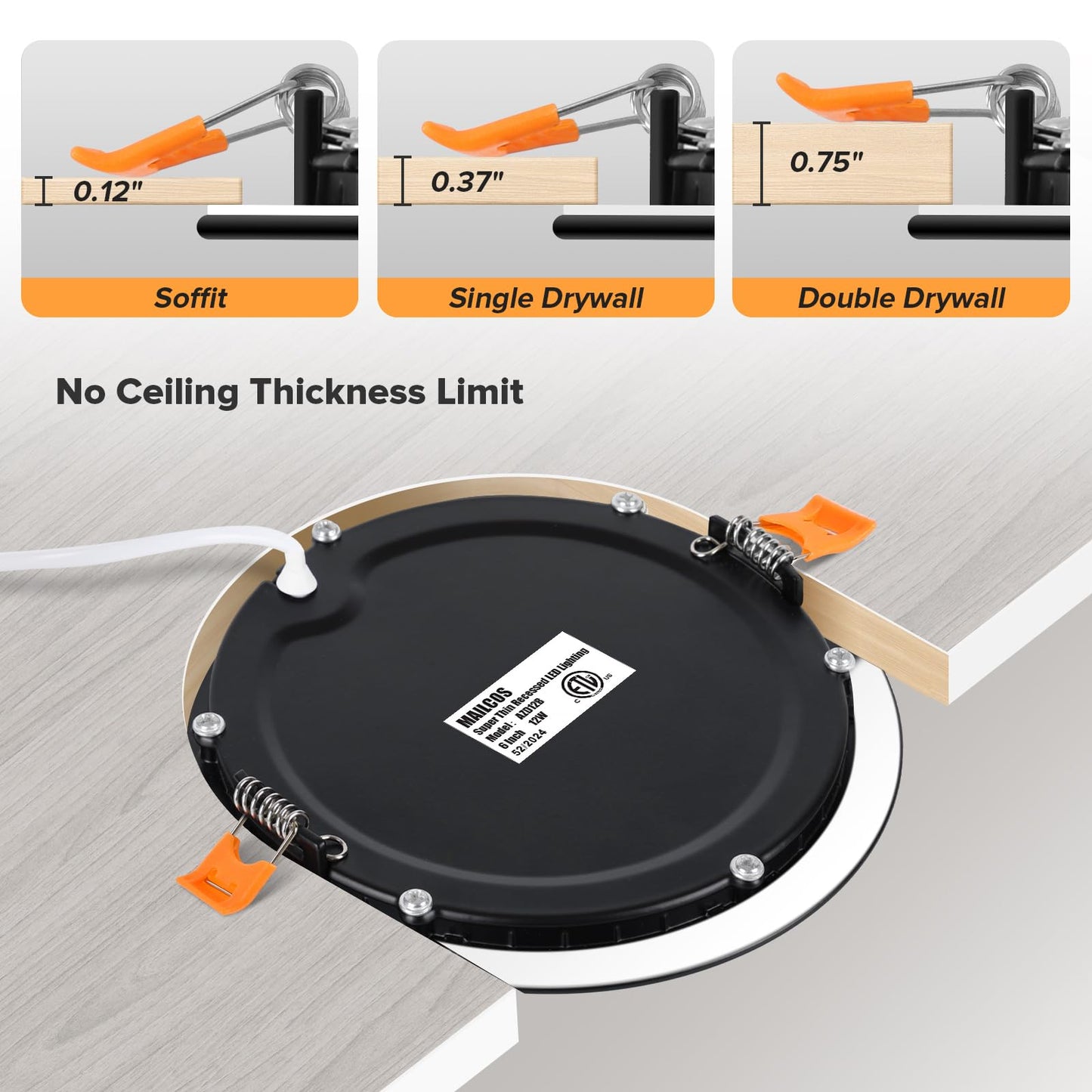 12 Pack 6 Inch 5CCT Ultra-Thin LED Recessed Ceiling Light with Junction Box, 2700K-5000K Selectable, 1050LM High Brightness, Dimmable Canless Wafer Downlight, 12W 120V, ETL