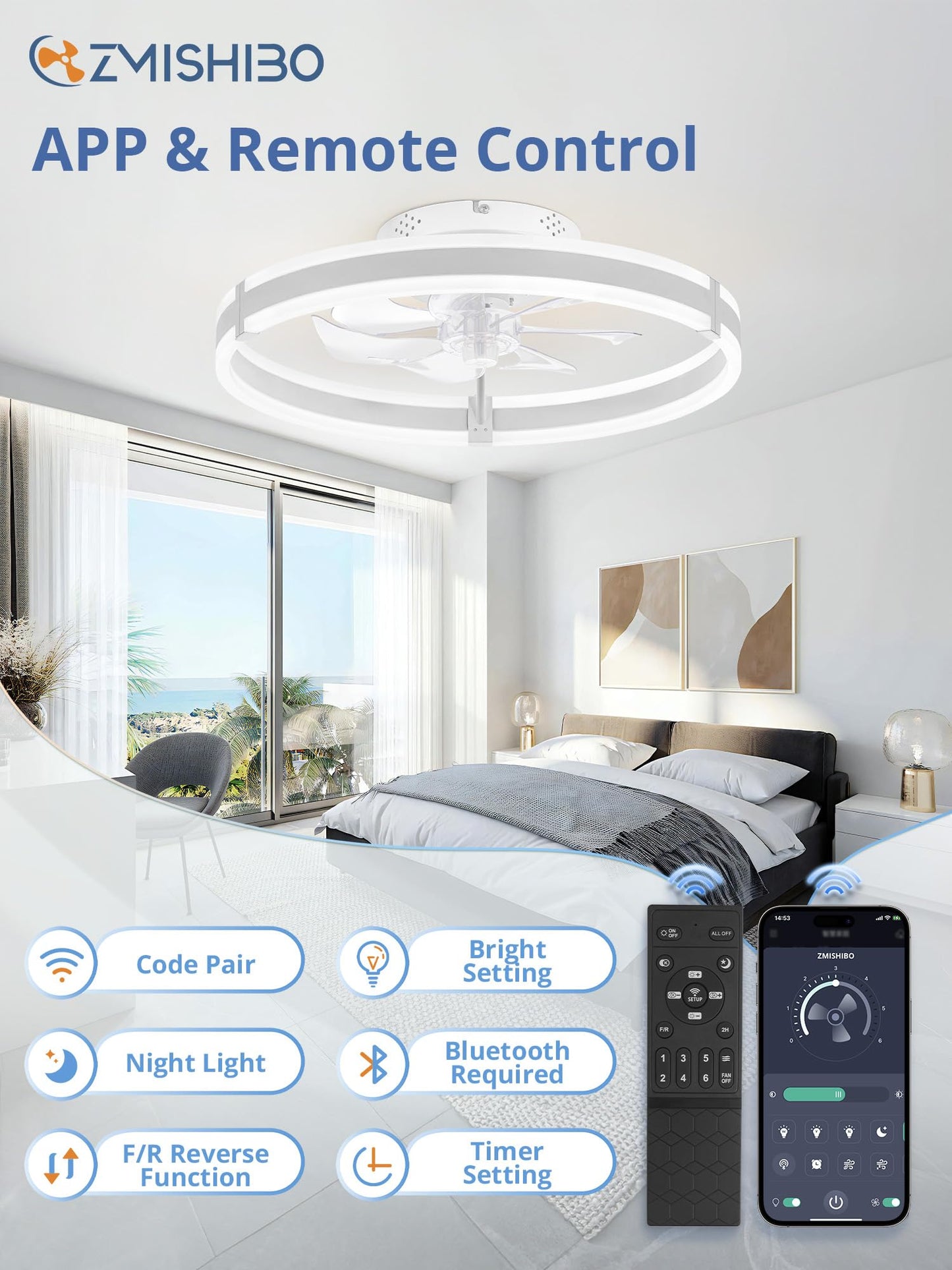 Ceiling Fans with Lights and Remote, 19.7'' Low Profile Ceiling Fan, 3000-6000K Dimmable Modern Flush Mount LED Fan Light, 6 Wind Speeds, Black Fandelier Ceiling Fans for Bedroom