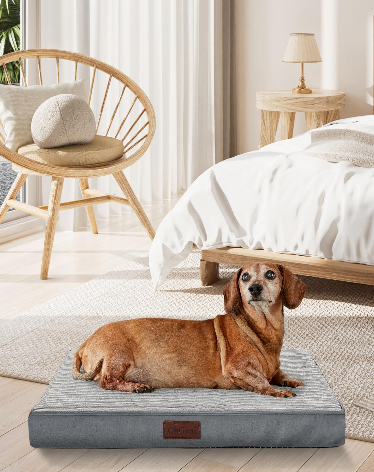 OhGeni 35 Inch Orthopedic Waterproof & Machine Washable Dog Bed for Medium Large Pets, 20D Egg Crate Foam Stable Support, Non-Slip Bottom and Removable Cover, Tear-Resistant Invisible Zipper(Gray)