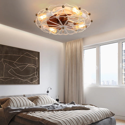 Low Profile Cage Ceiling Fan With Light Remote Control, Built-in Modern Industrial Ceiling Fan