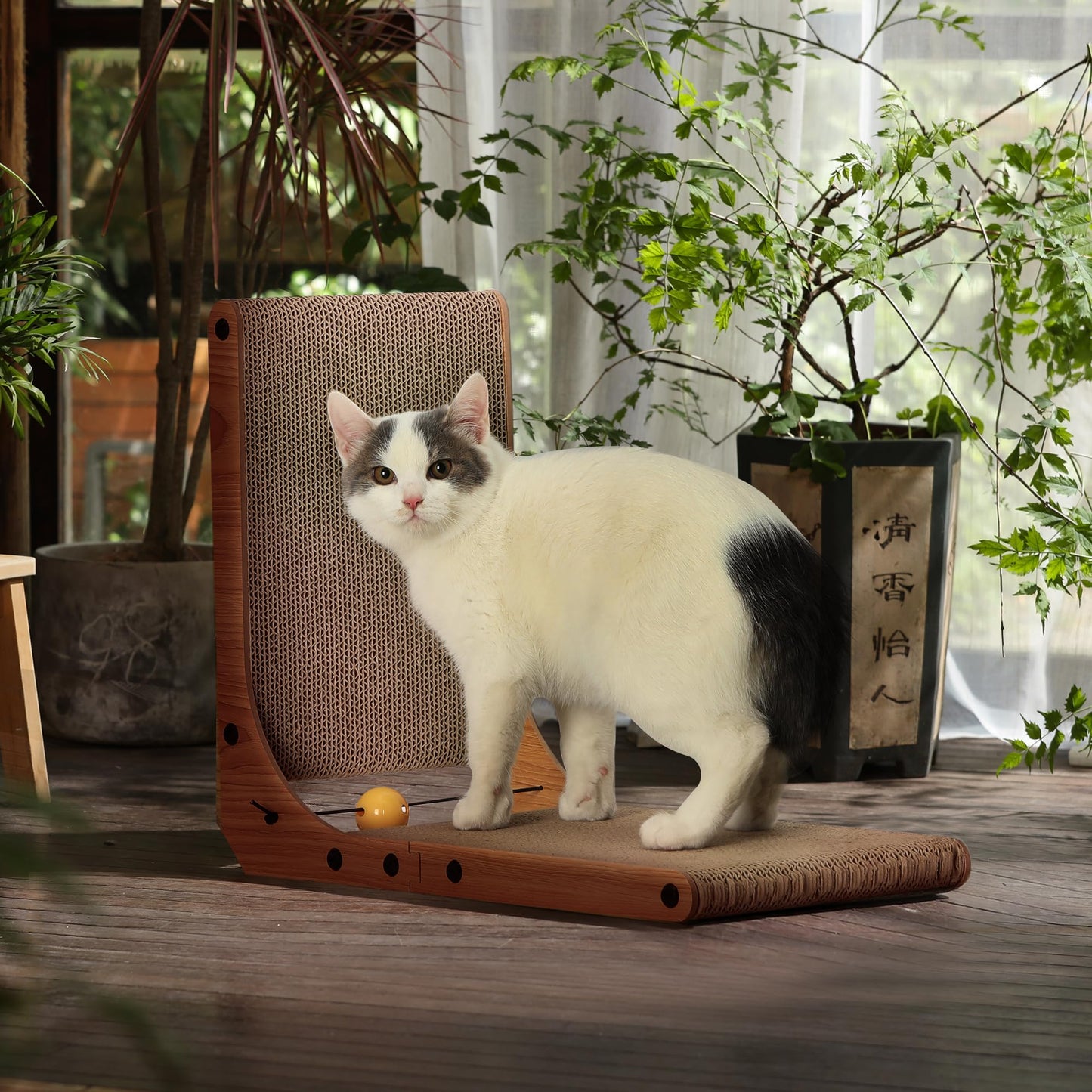 FUKUMARU Cat Scratcher, 26.8 Inch L Shape Cat Scratch Pad Wall Mounted, Cat Scratching Cardboard with Ball Toy for Indoor Cats, Large Size