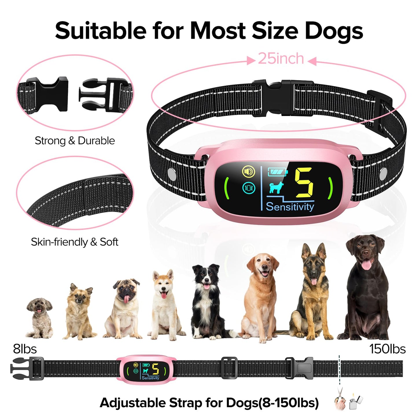 Dog Bark Collar for Large Medium Small Dogs, Rechargeable Smart Bark Collar, Anti Barking Training Collar with 5 Adjustable Sensitivity Beep Vibration (Black)